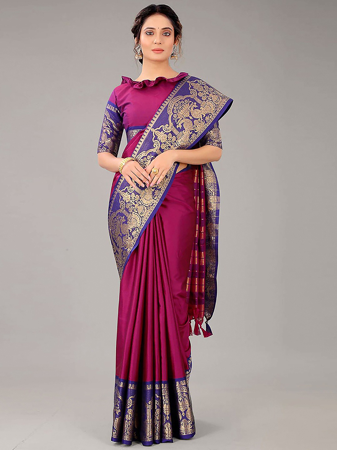 

Paramparik Textile Pink & Violet Woven Design Zari Pure Silk Dharmavaram Saree