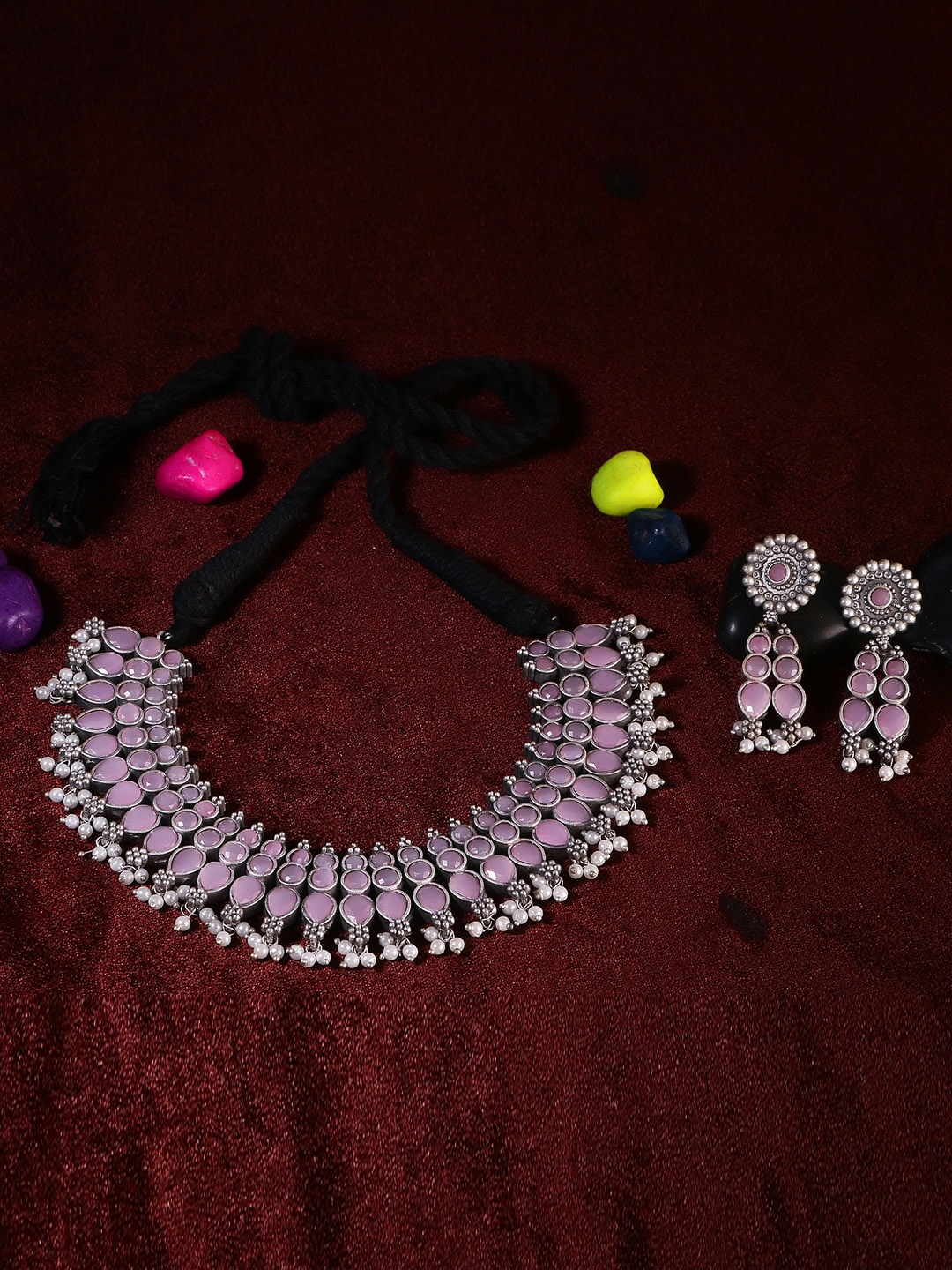 

Adwitiya Collection Women Silver-Plated Oxidised Lavender Stone-Studded Jewellery Set