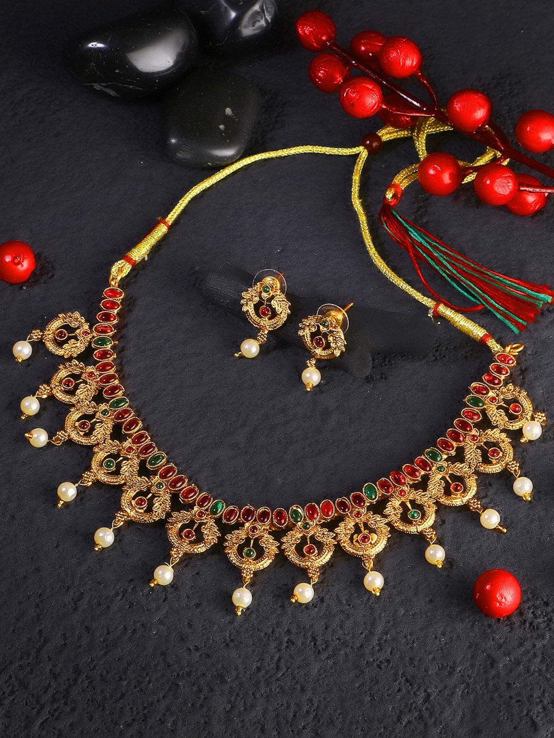 

Adwitiya Collection Women Gold Plated Multi Colour Stone Studded Pearl-Tessel Jewellery Set