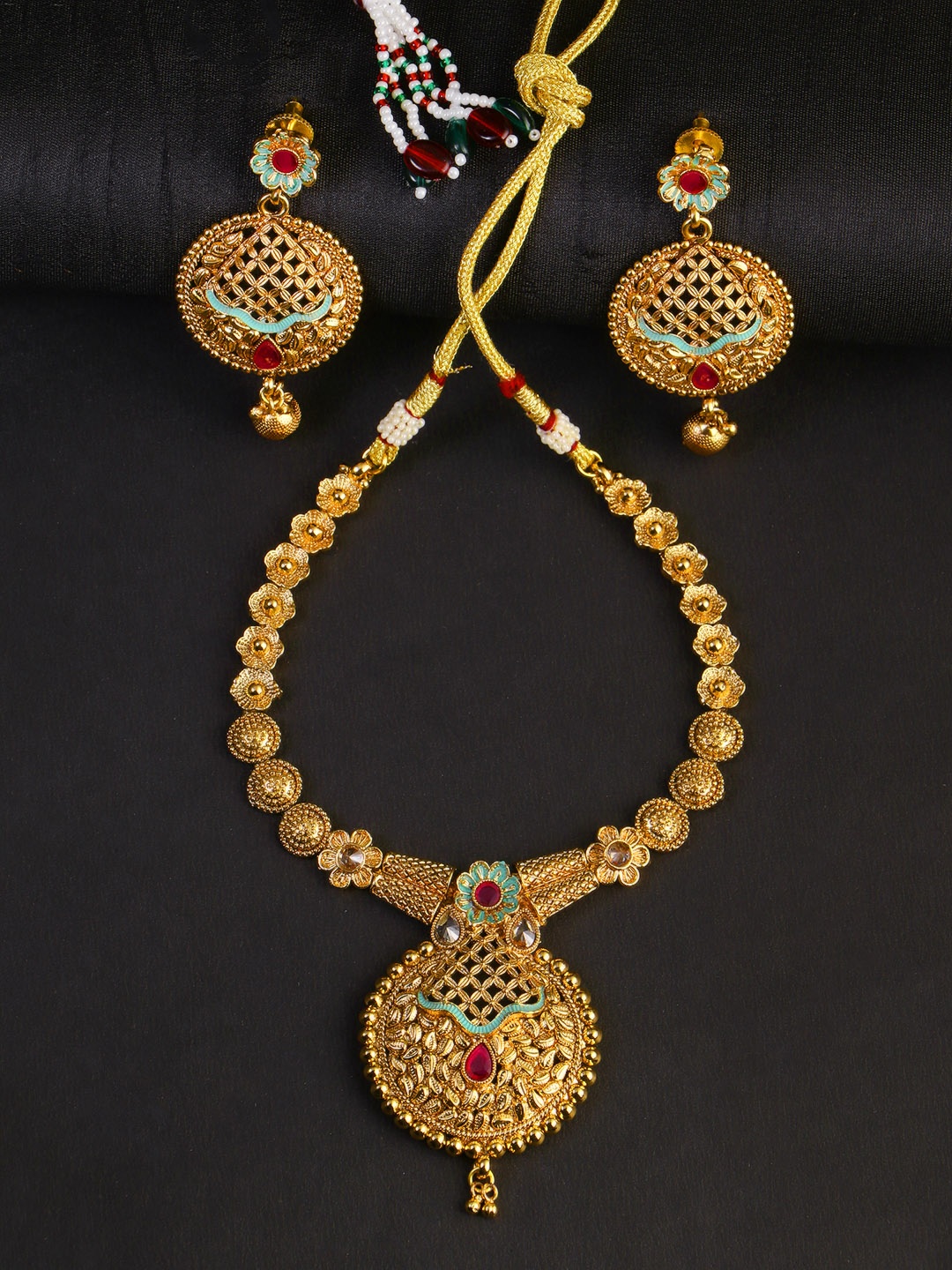 

Adwitiya Collection 24CT Gold-Plated Pink & Green Stone-Studded Jewellery Set