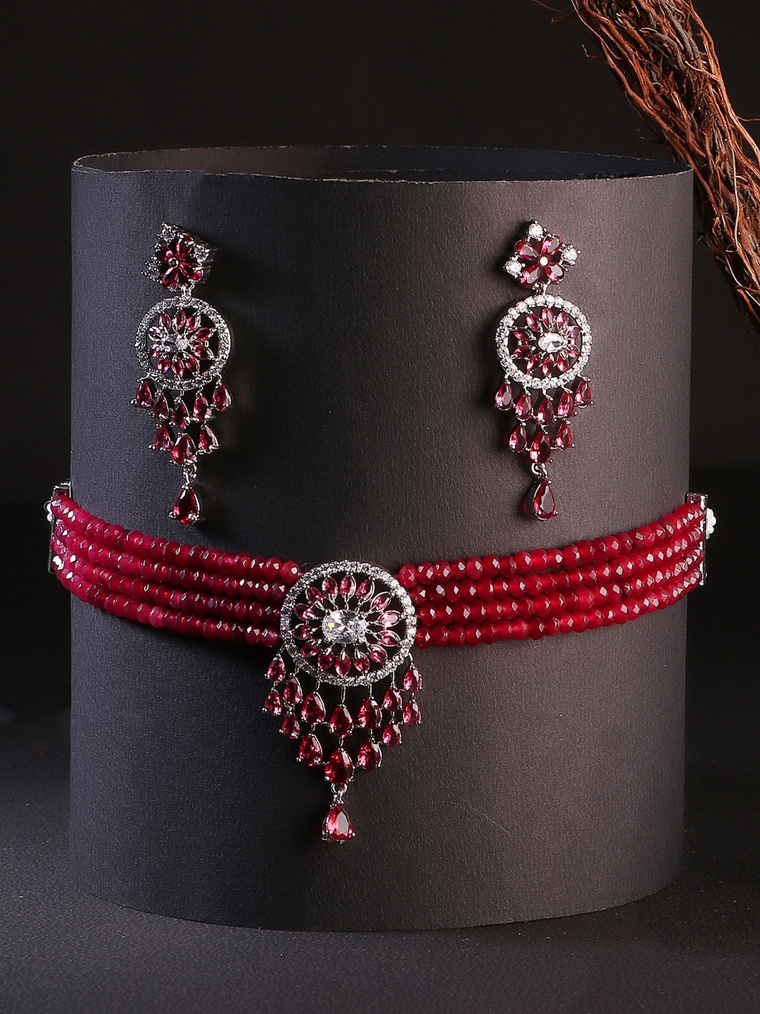 

Adwitiya Collection Rhodium Plated Pink Stone & Beaded Jewellery Set, Silver