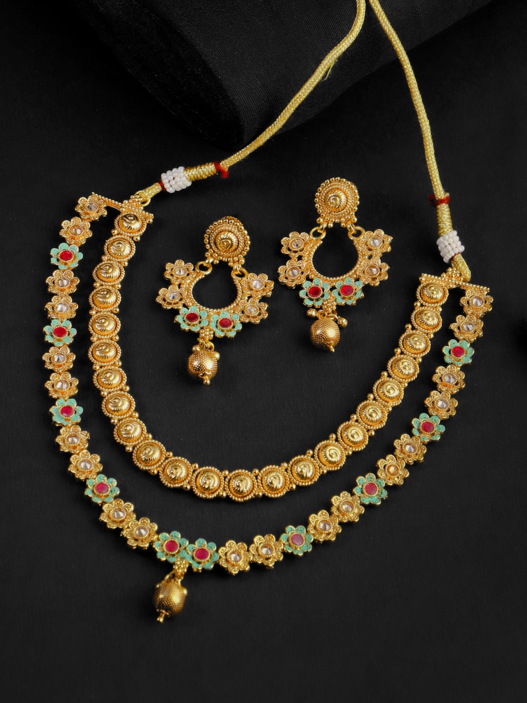 

Adwitiya Collection 24CT Gold-Plated Red & Green Stone-Studded Pearl Beaded Temple Jewellery Set