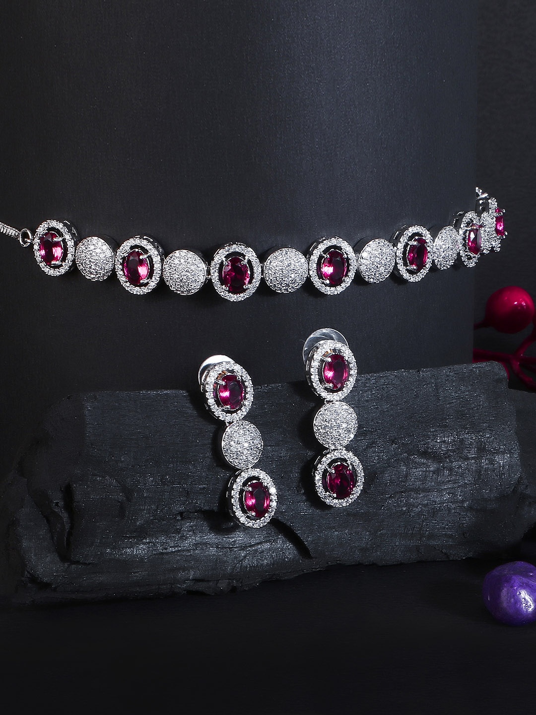 

Adwitiya Collection Rhodium-Plated Silver-Toned Pink & White Stone Studded Jewellery Set