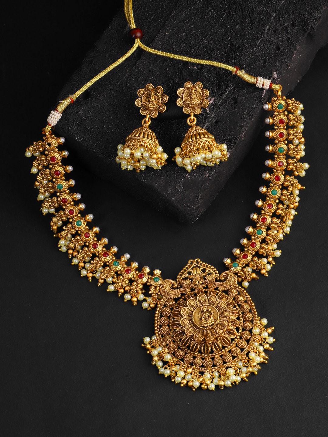 

Adwitiya Collection Gold-Plated Green & Red Stone-Studded & Pearl Beaded Godess-Temple Jewellery Set
