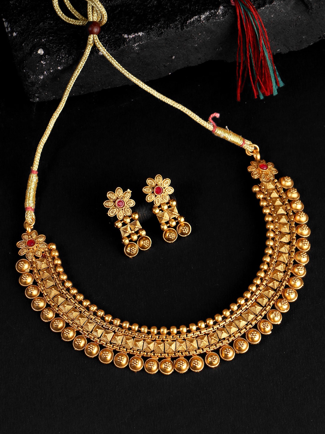 

Adwitiya Collection 24CT Gold-Plated Stone-Studded Pearl-Beaded Jewellery Set
