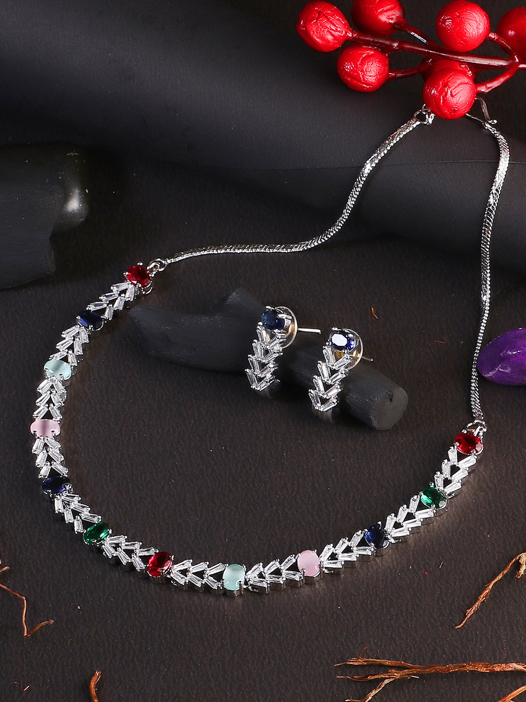 

Adwitiya Collection Rhodium-Plated Silver-Toned Stone-Studded Jewellery Set