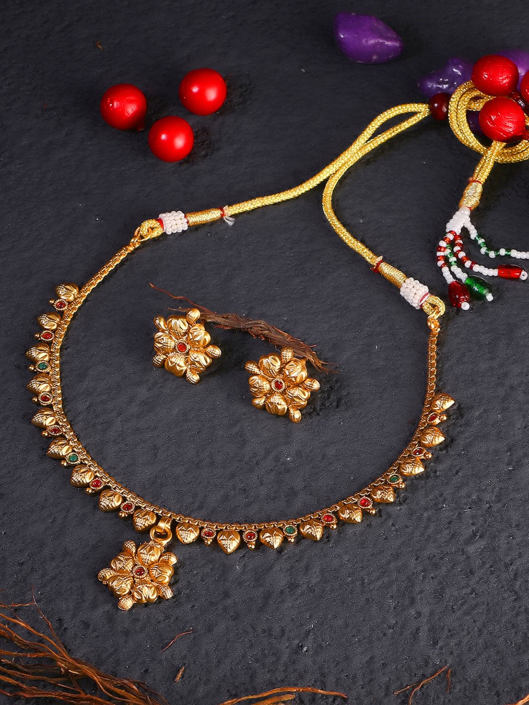 

Adwitiya Collection Maroon & Green Gold-Plated Stone-Studded Jewellery Set