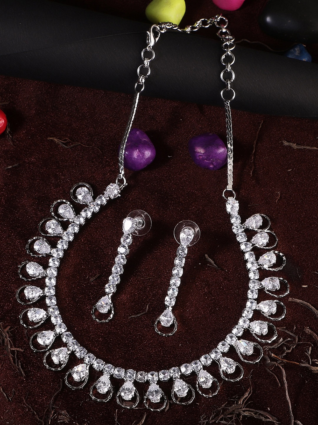 

Adwitiya Collection Rhodium-Plated Silver-Toned White Stone-Studded Jewellery Set