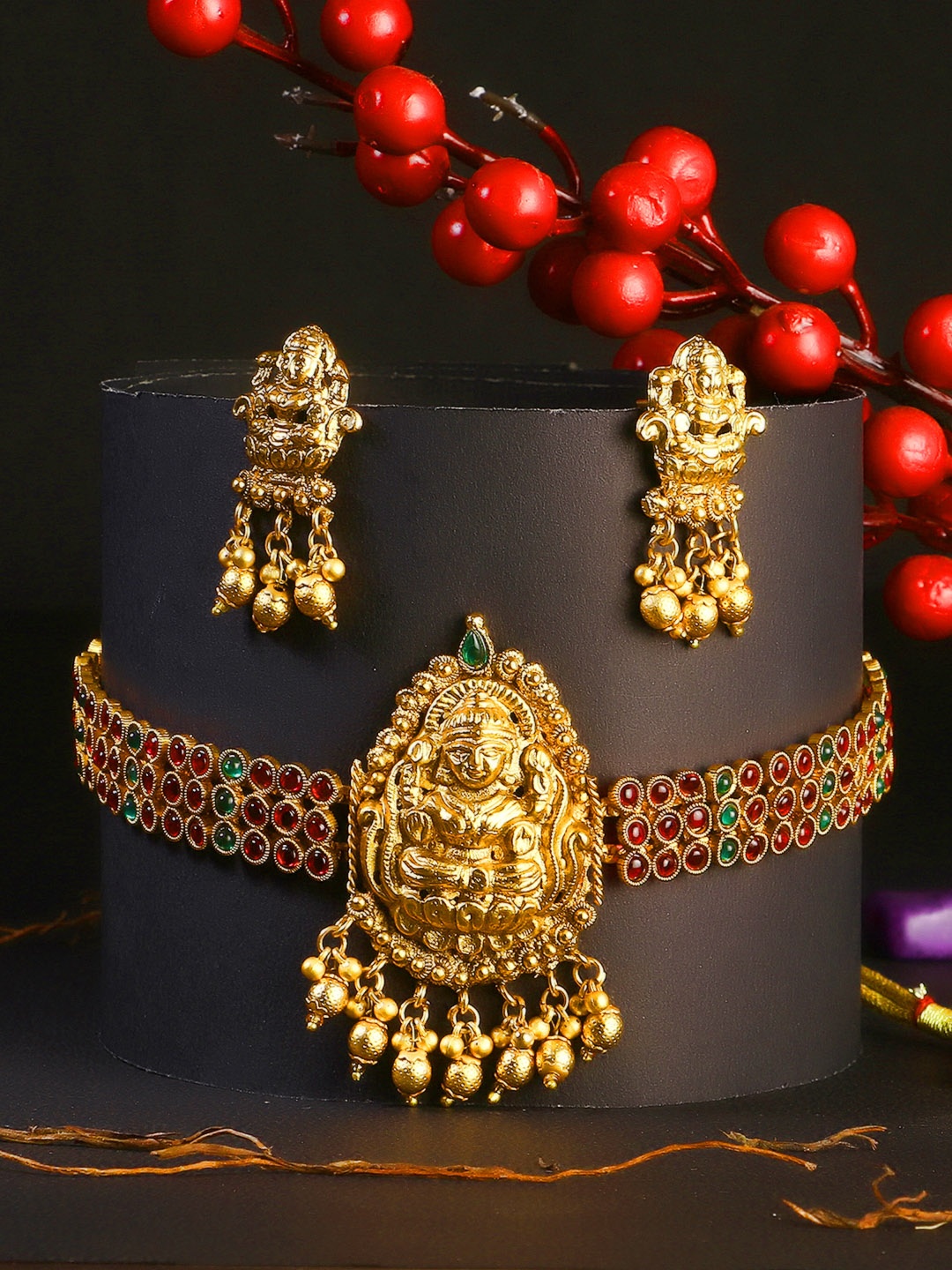 

Adwitiya Collection Women Green Gold-Plated Temple Jewellery Set