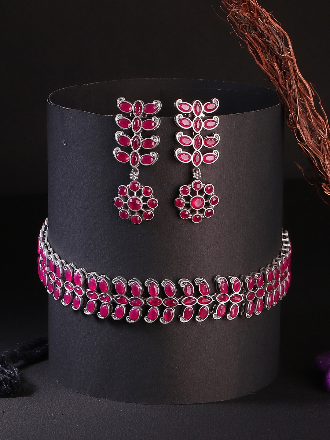 

Adwitiya Collection Silver-Plated Pink Stone-Studded Jewellery Set