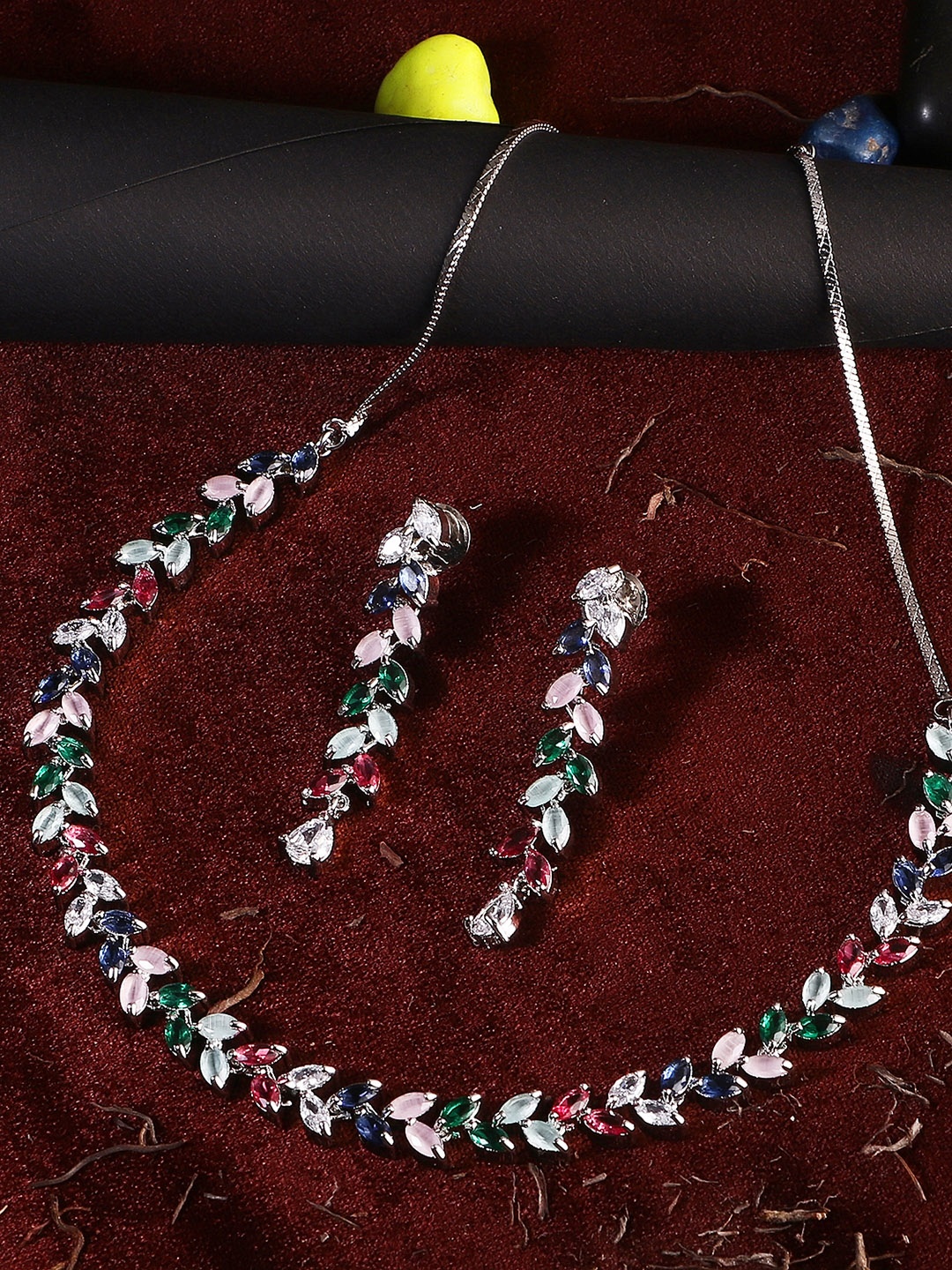 

Adwitiya Collection Silver-Toned & Green Rhodium-Plated Stone-Studded Jewellery Set