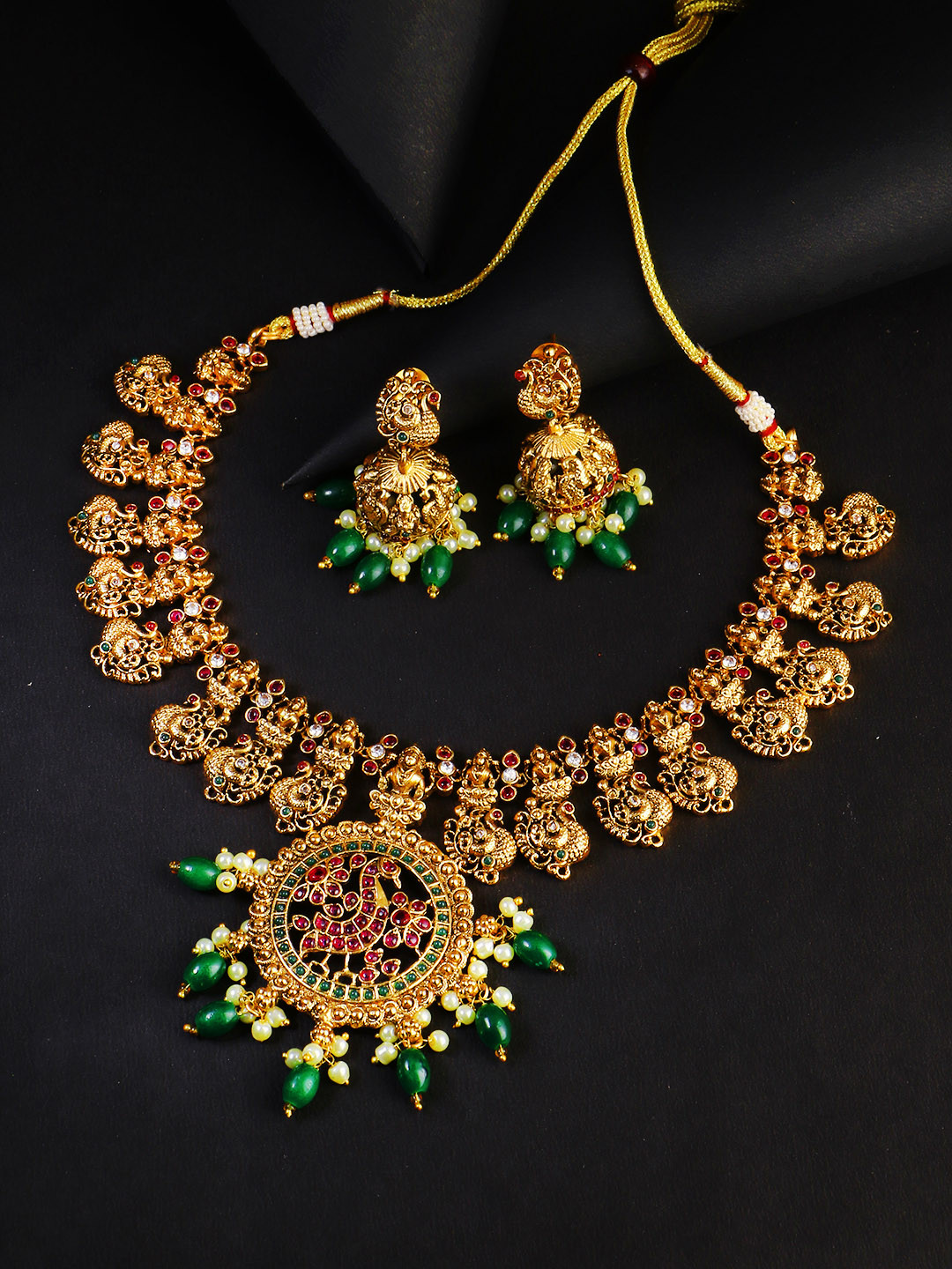 

Adwitiya Collection Gold-Plated Green & White Peacock & Temple Jewellery Set