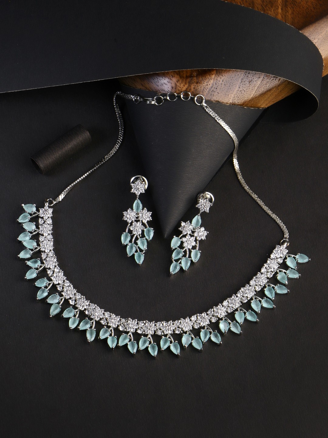 

Adwitiya Collection Rhodium-Plated Silver-Toned White & Green Stone Studded Jewellery Set