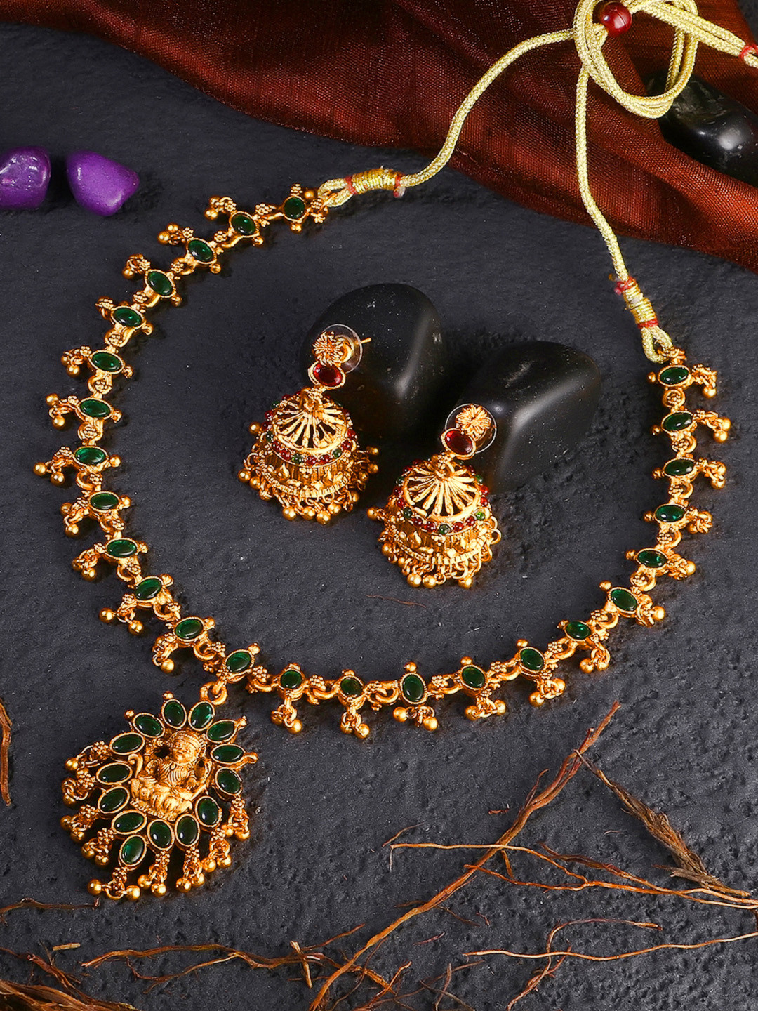

Adwitiya Collection Gold-Plated Stone-Studded Dual Temple Antique Jewelley Set