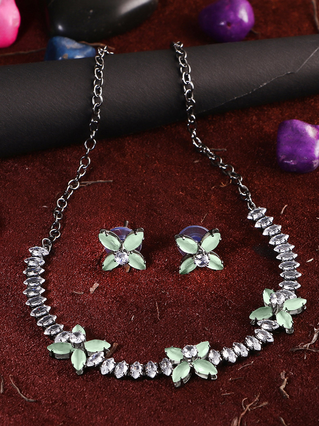 

Adwitiya Collection Silver-Plated White Stone-Studded Jewellery Set
