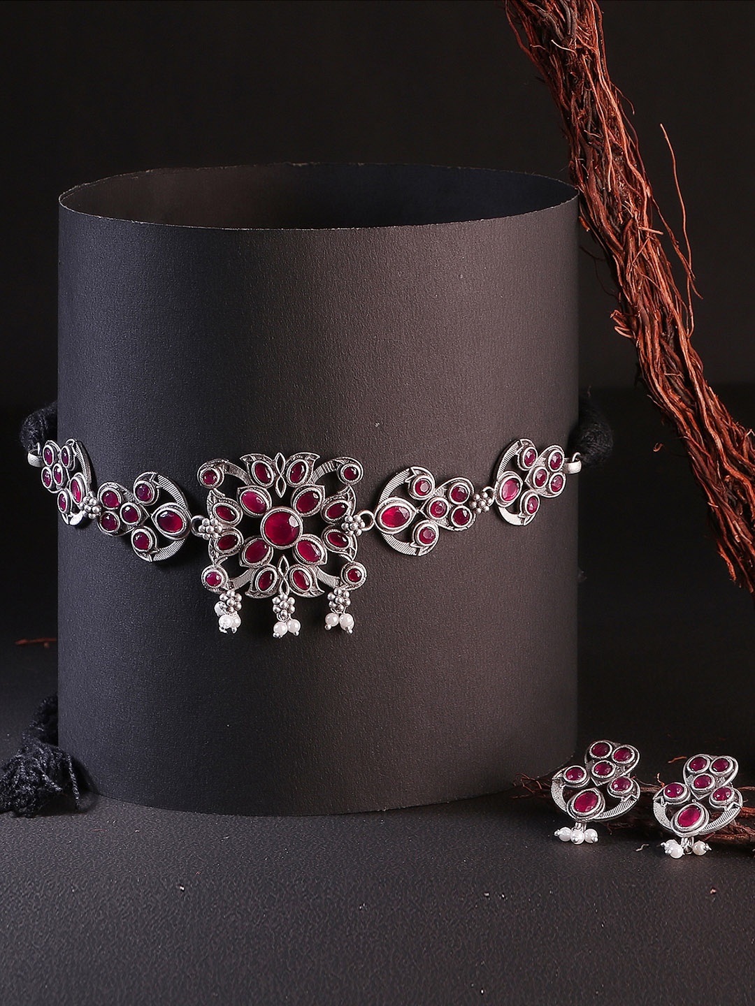 

Adwitiya Collection Silver-Plated & Pink Stones-Studded HandcraftedJewellery Set