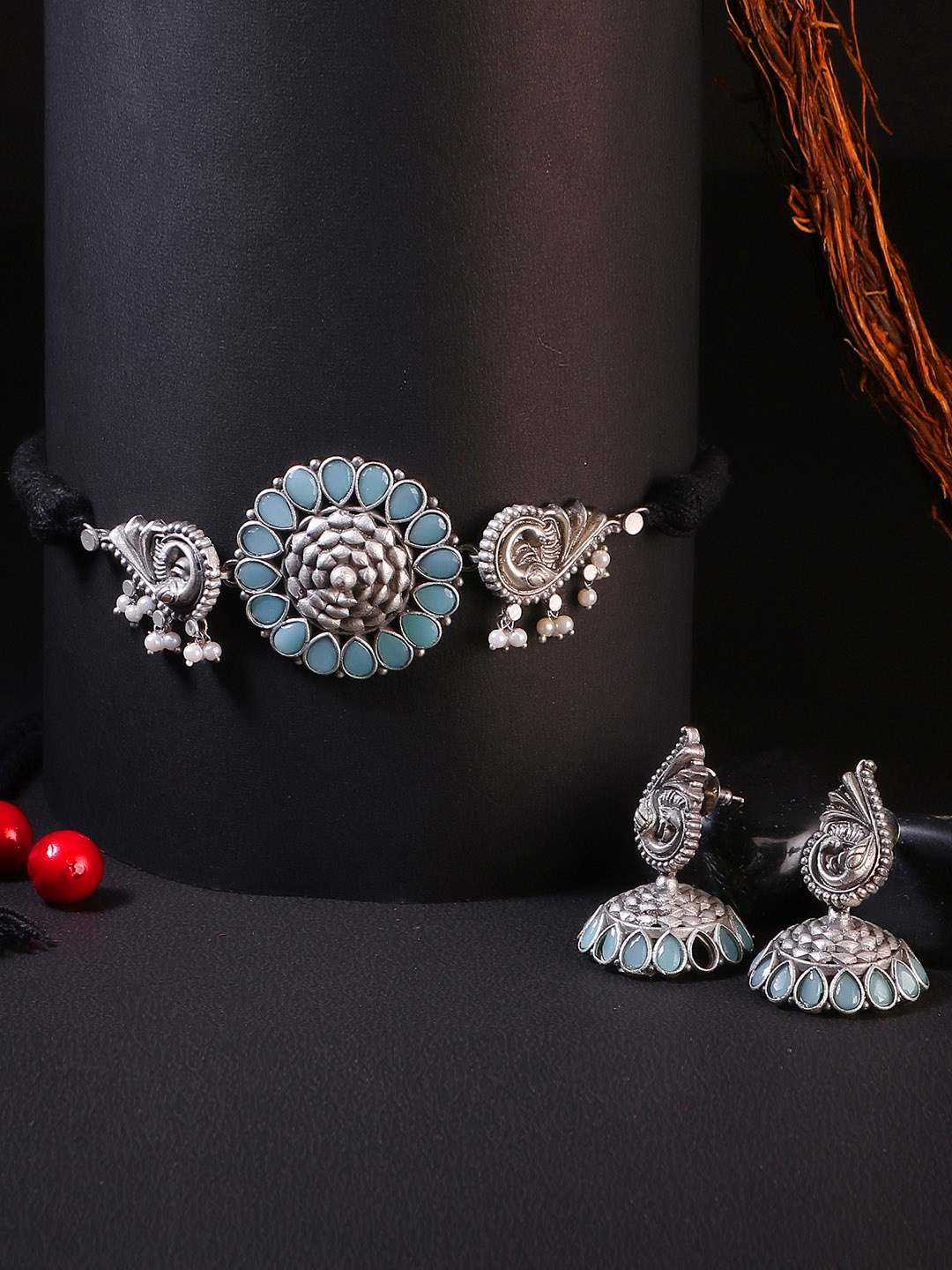 

Adwitiya Collection Blue Silver-Plated Stone-Studded Jewellery Set