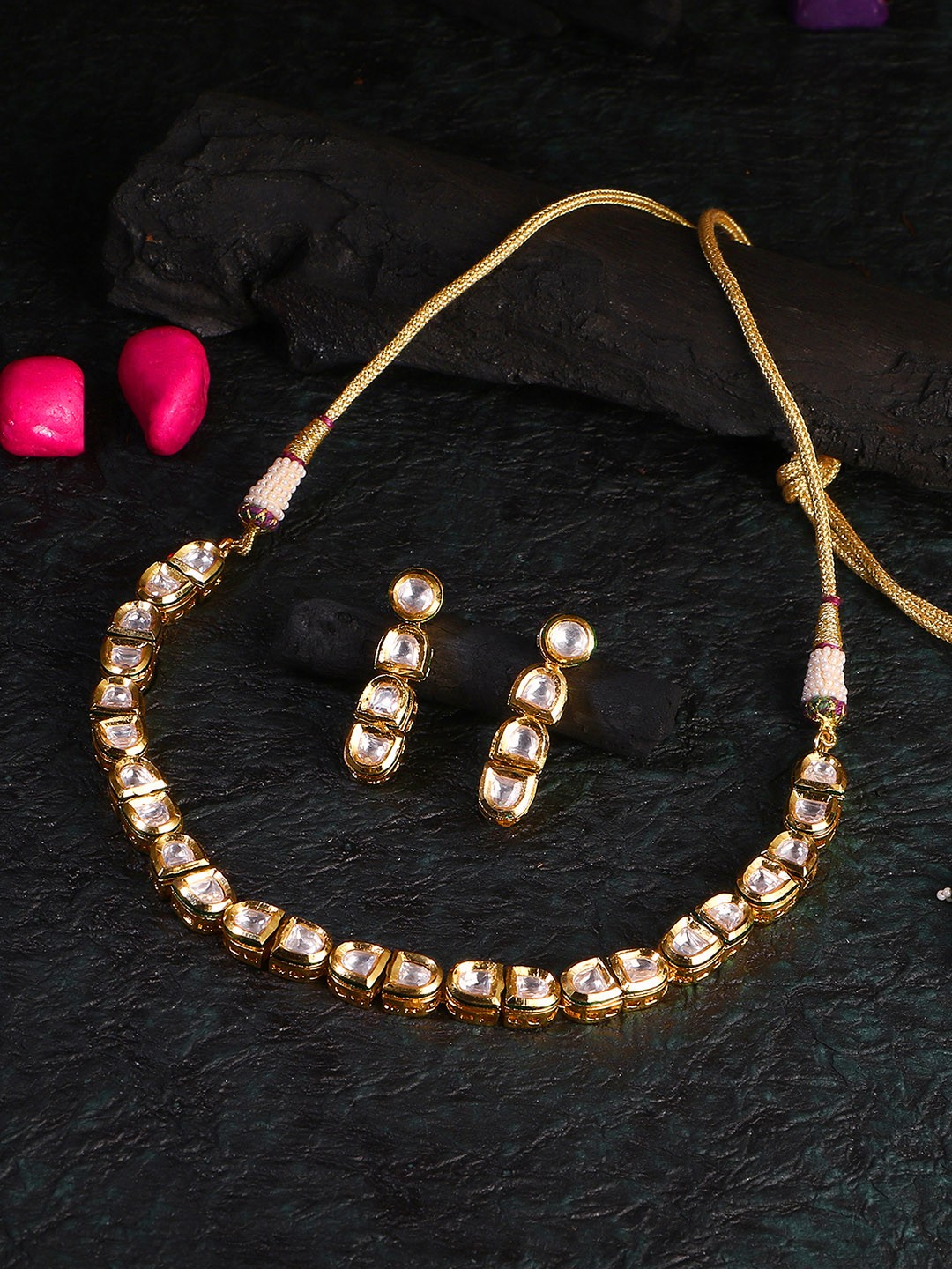 

Adwitiya Collection 24CTGold-Plated White Kundan-Studded Jewellery Set, Gold