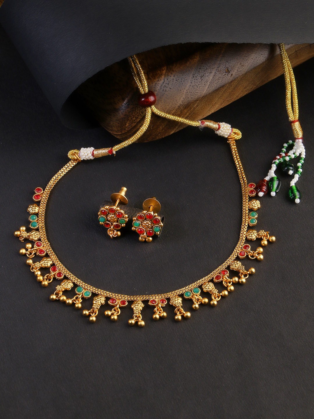 

Adwitiya Collection Gold-Plated Stone-Studded & Beaded Jewellery Set