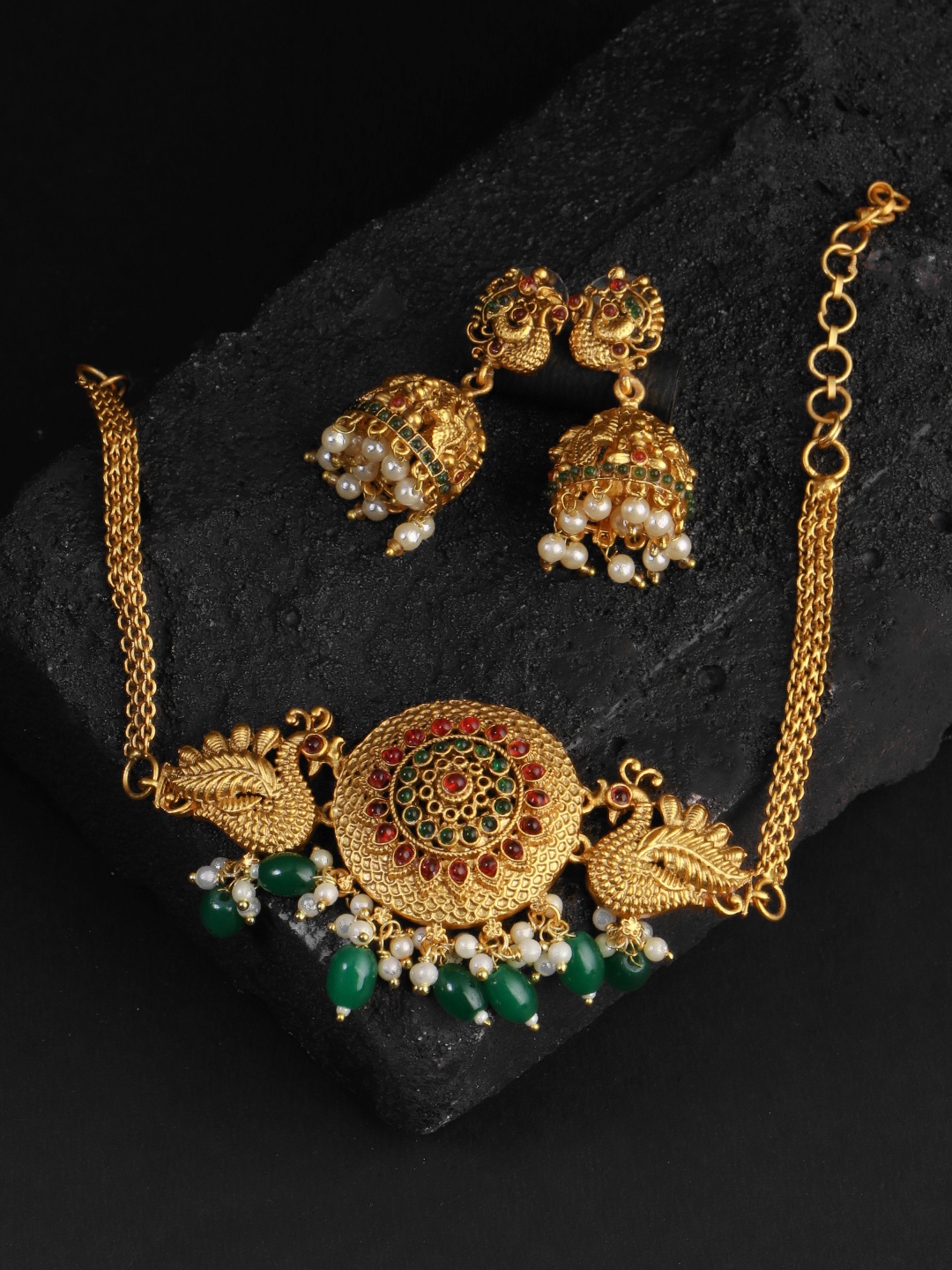 

Adwitiya Collection Gold-Plated Red & Green Stone-Studded & Beaded Jewellery Set
