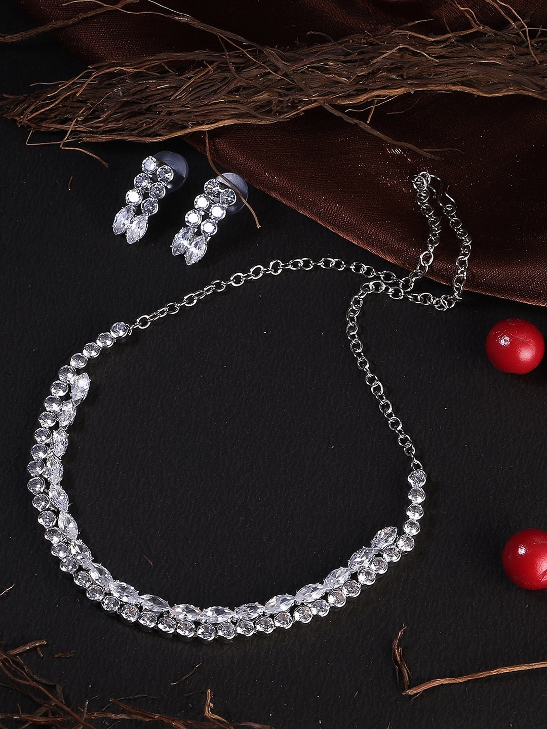 

Adwitiya Collection Rhodium-Plated White Stone-Studded Jewellery Set, Silver