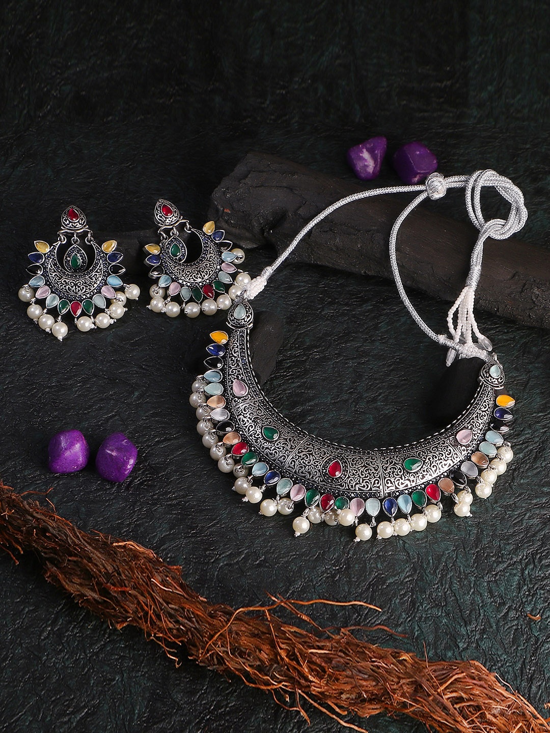 

Adwitiya Collection Silver-Plated Red & Green Stone-Studded & Beaded Jewellery Set