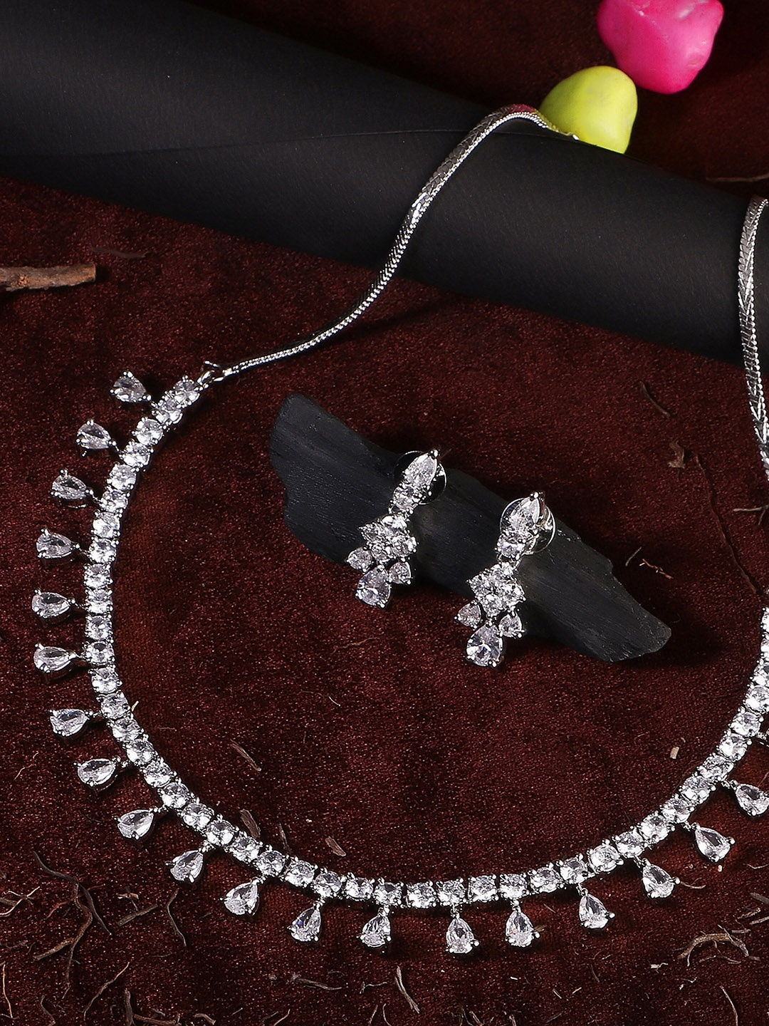 

Adwitiya Collection Rhodium-Plated Silver-Toned White Stone-Studded Jewellery Set