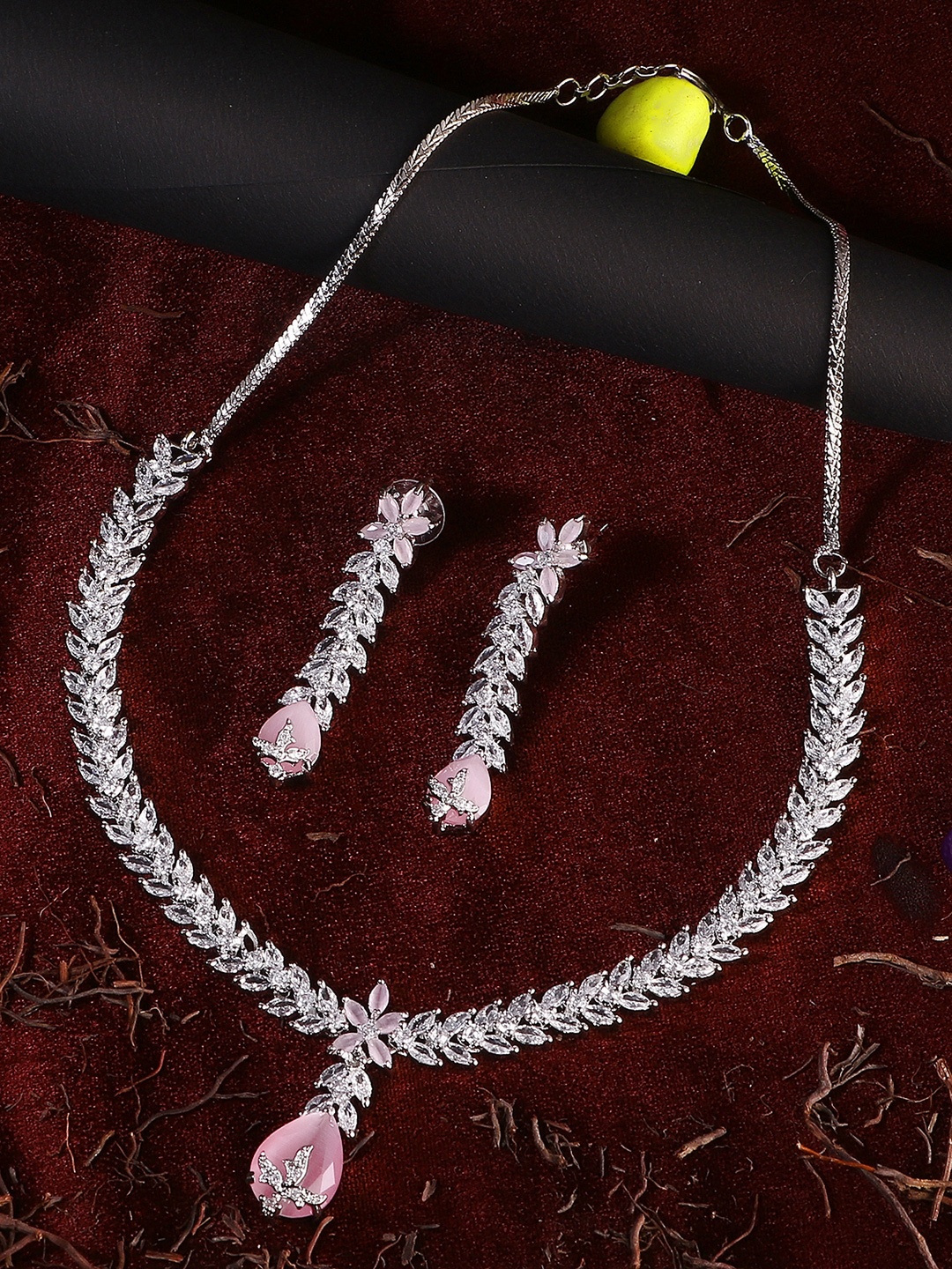 

Adwitiya Collection Silver-Toned Rhodium-Plated Pink Stone-Studded Jewellery Set