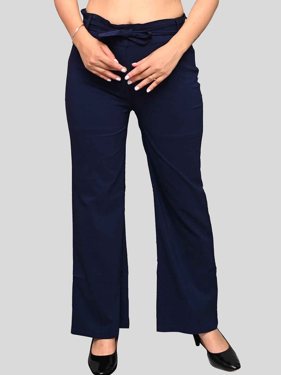 

FNOCKS Women Navy Blue Relaxed Straight Leg Trousers