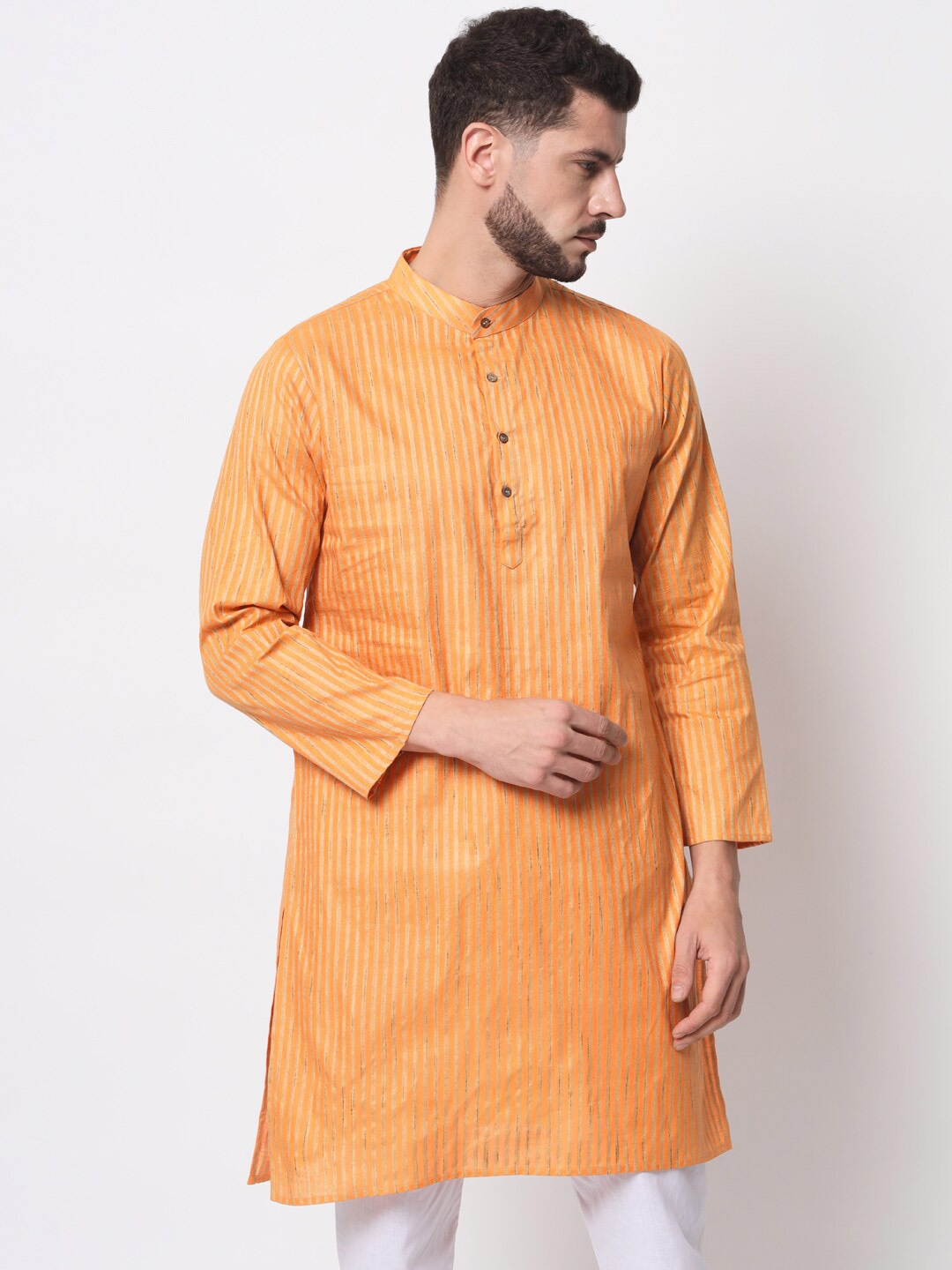 

Vastraa Fusion Men Orange Striped Printed Cotton Kurta