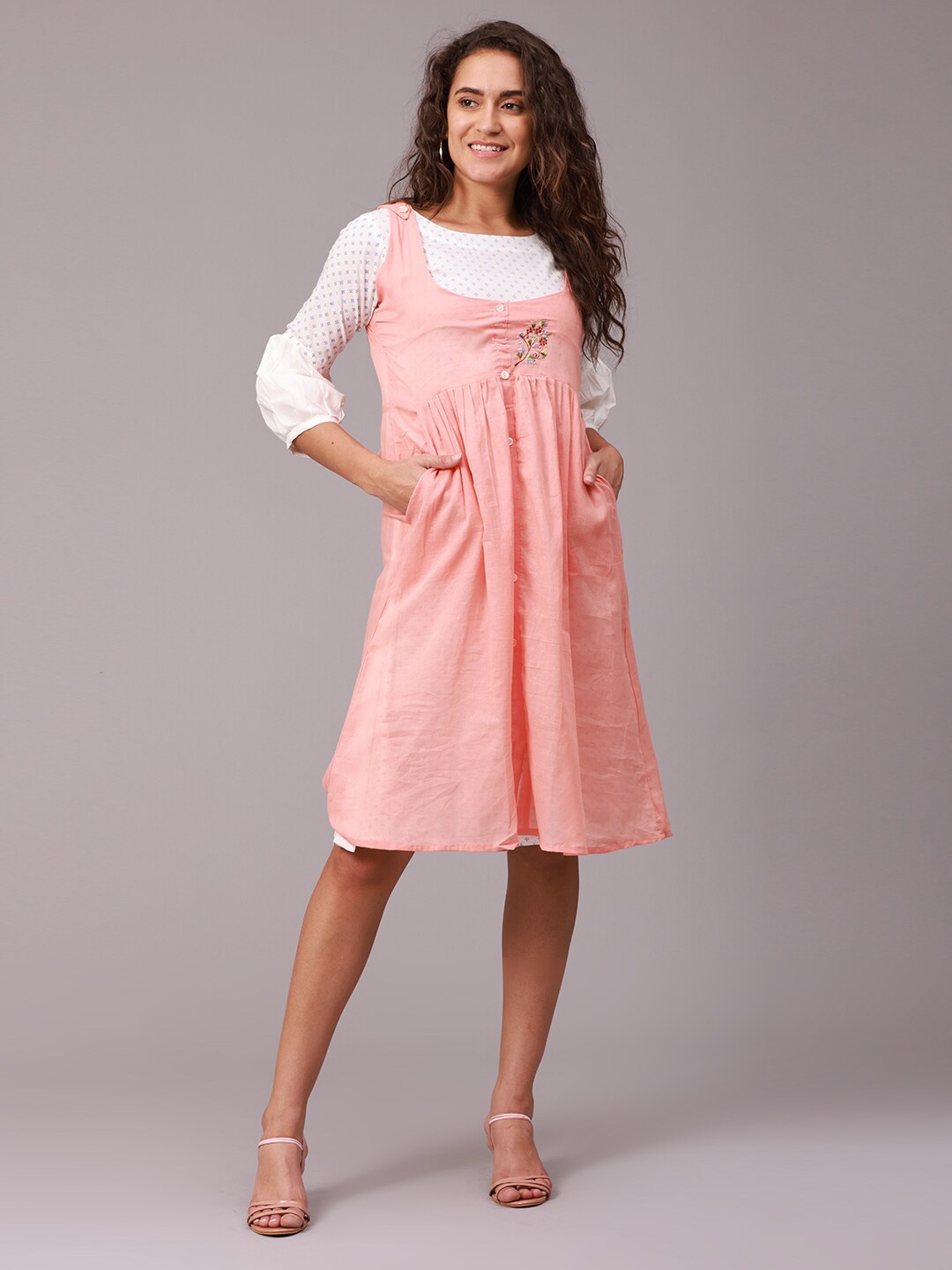 

NAYRA Women Peach-Coloured Solid Pure Cotton Pinafore Dress