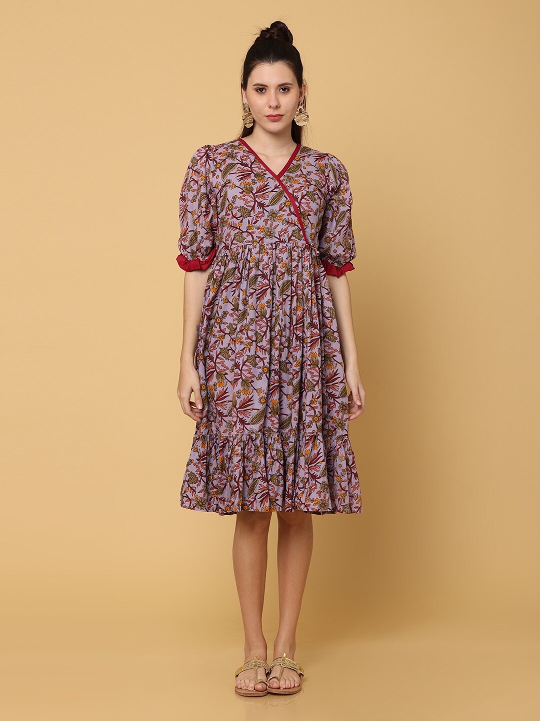 

NAYRA Women Purple And Green Floral Print Cotton Angrakha Dress