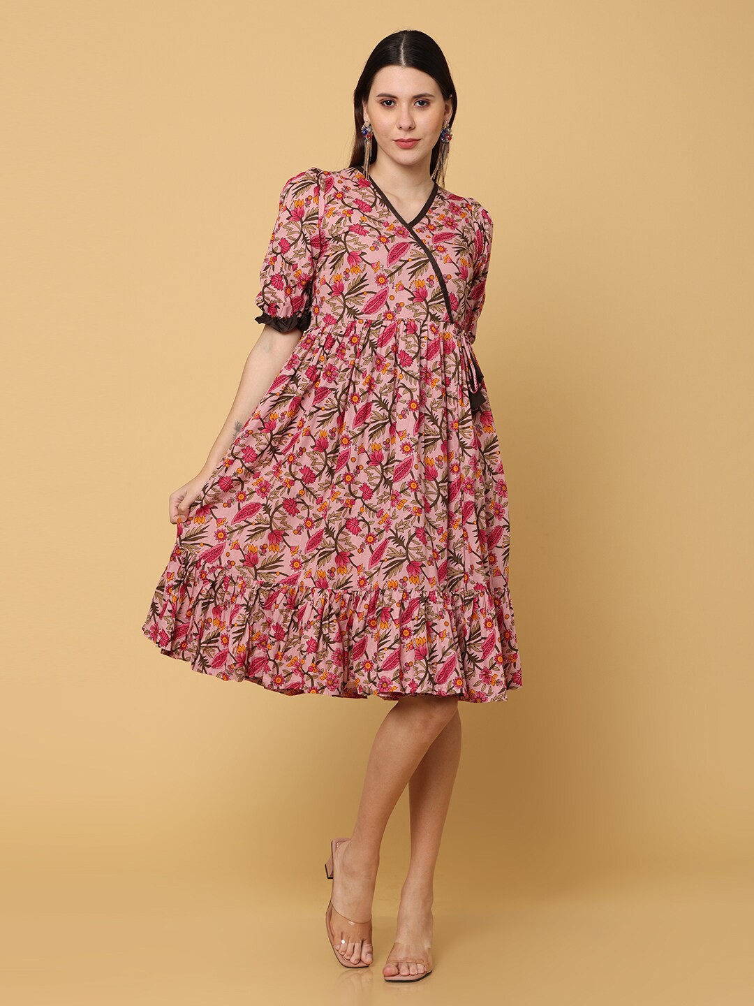 

NAYRA Women Pink & Coffee Brown Printed Cotton Wrap Dress