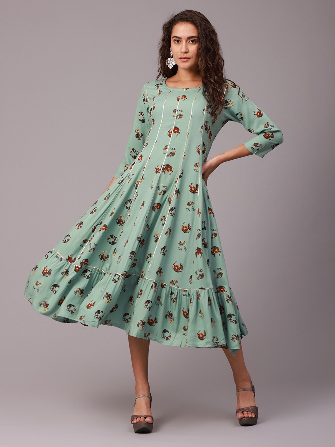 

NAYRA Green Floral Printed A-Line Midi Dress