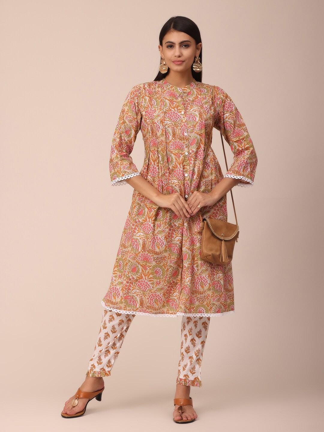 

NAYRA Floral Printed Cotton Kurta, Beige