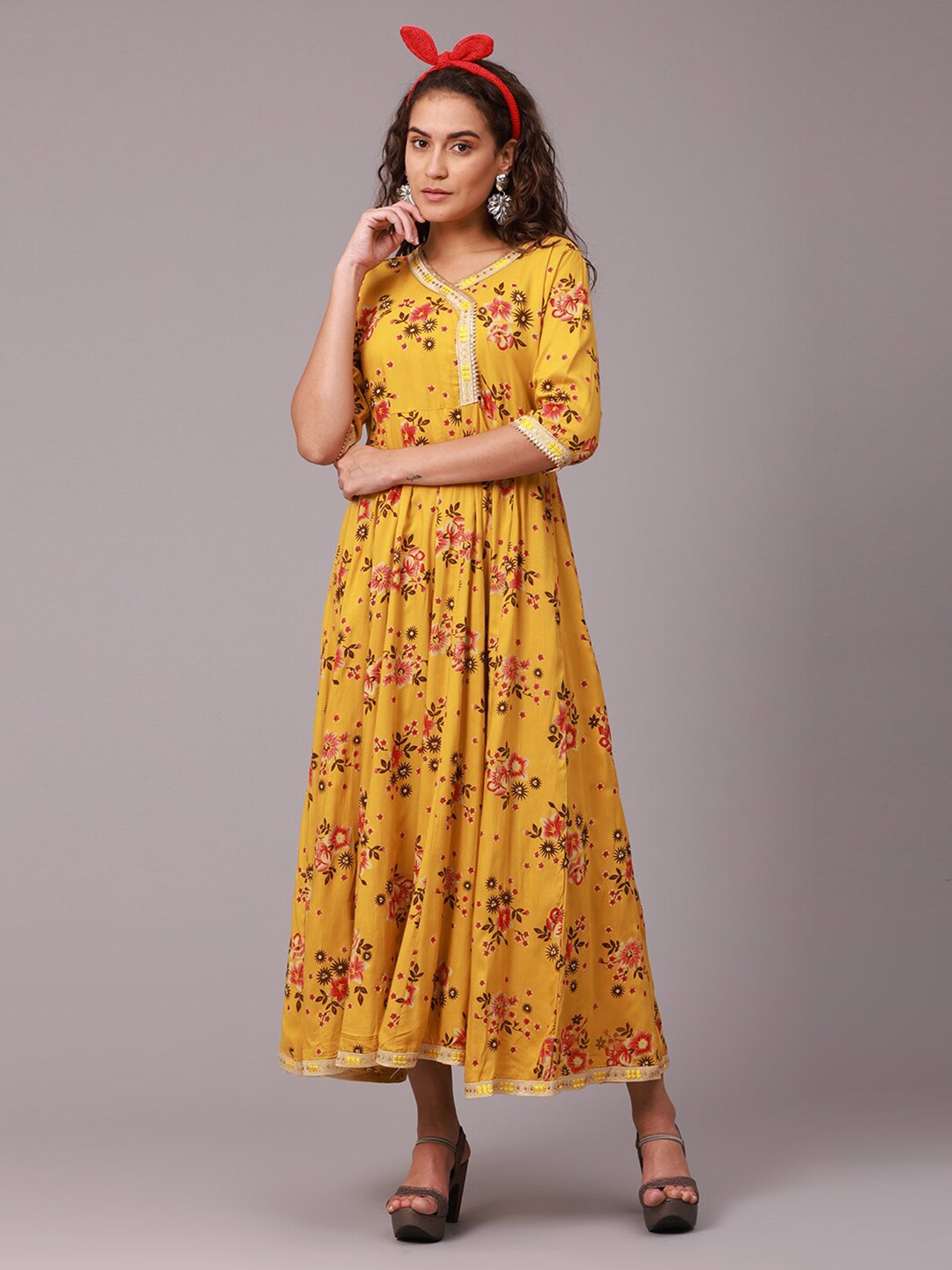 

NAYRA Women Yellow Floral Ethnic Maxi Dress