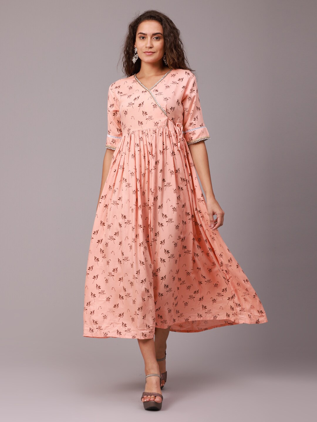 

NAYRA Women Peach-Colored & Brown Floral Printed A-Line Midi Dress