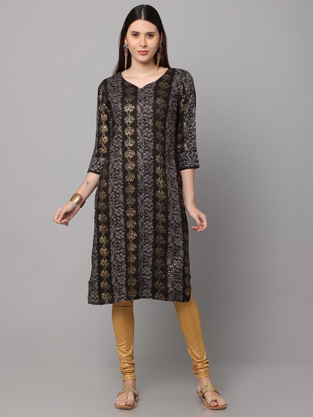 

NAYRA Women Black & Gold-Toned Ethnic Motifs Printed Kurta