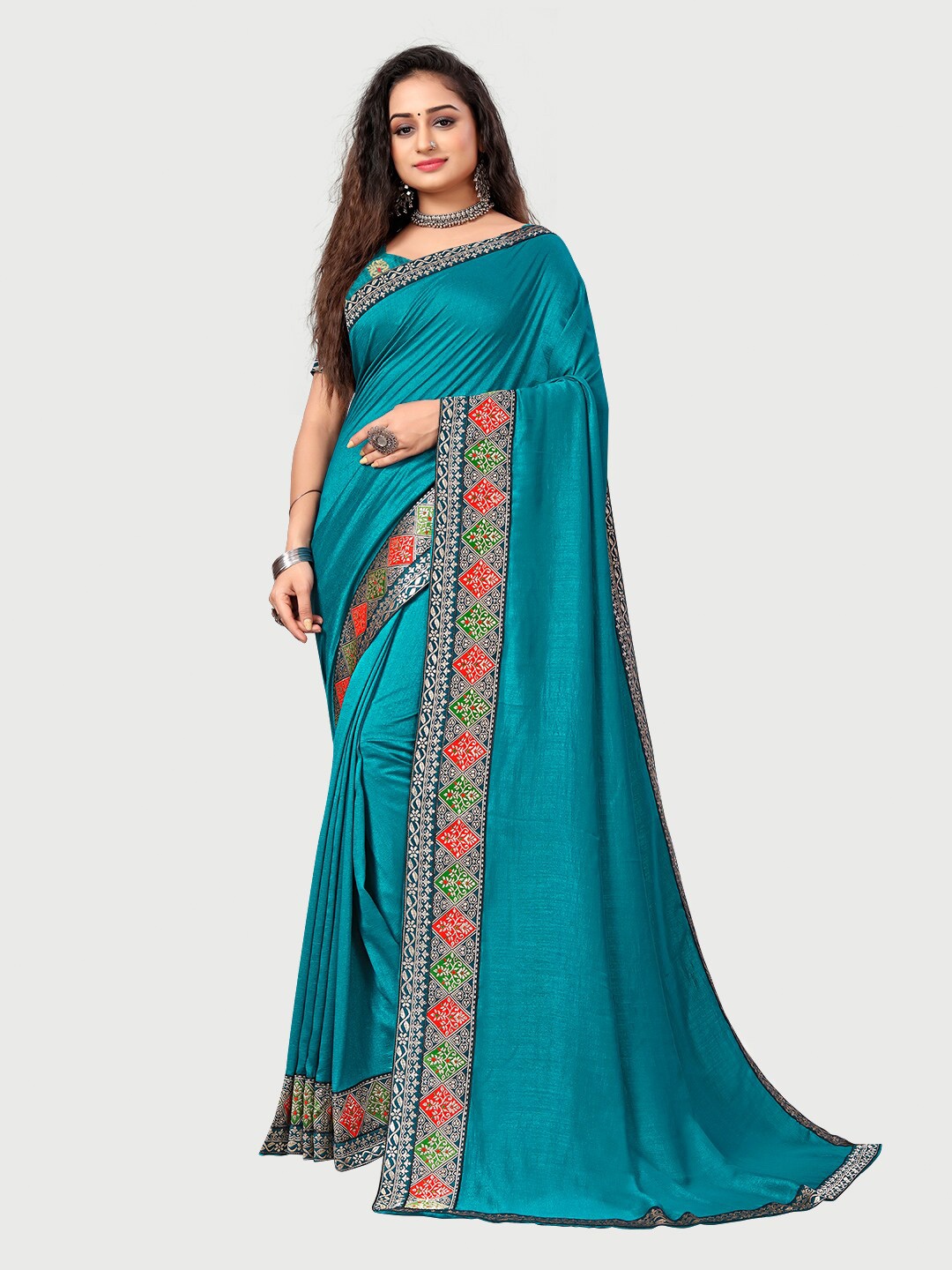 

Mitera Blue & Green Zari Silk Blend Saree