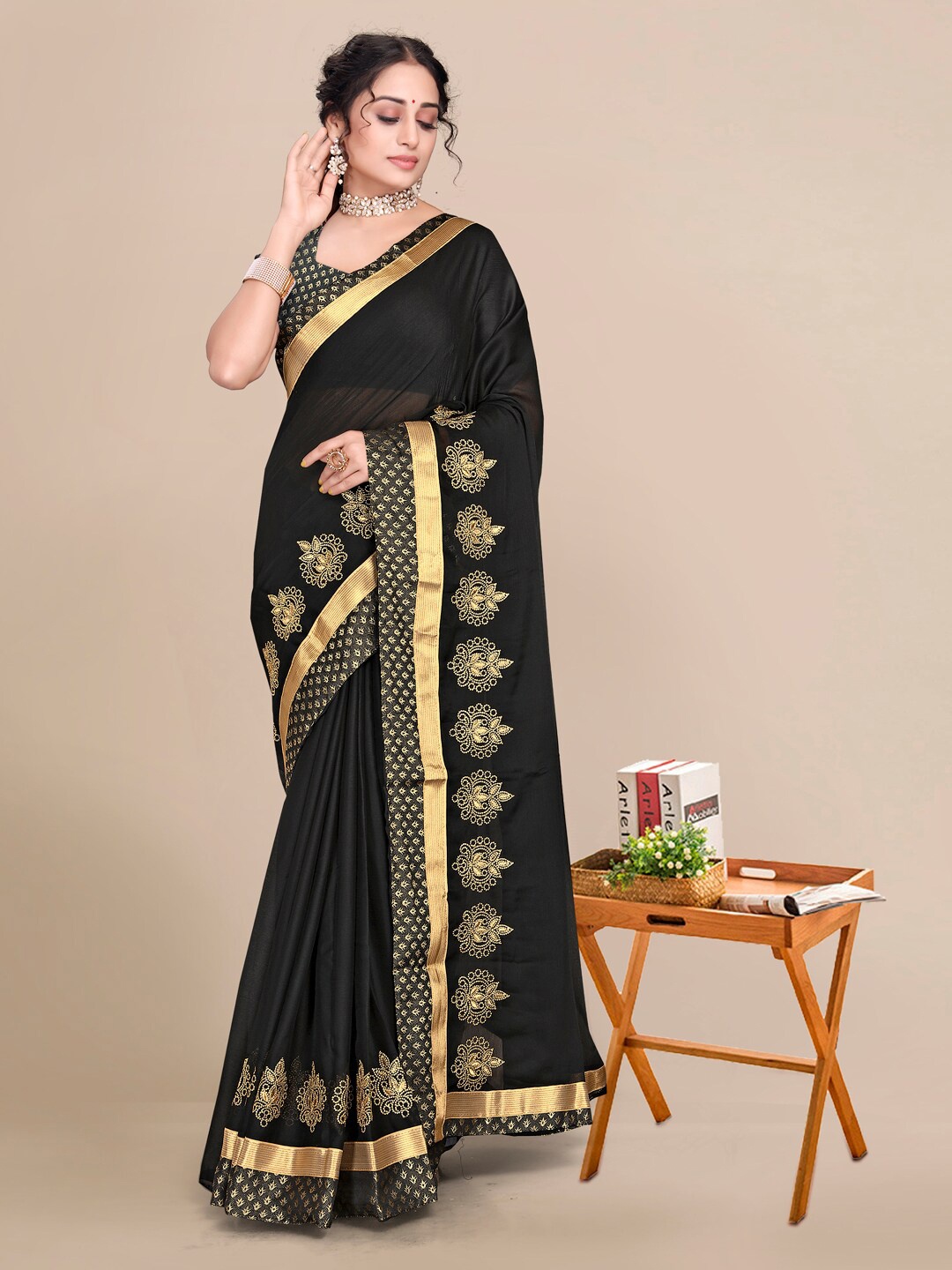 

Mitera Black & Gold-Toned Ethnic Motifs Zari Pure Chiffon Saree