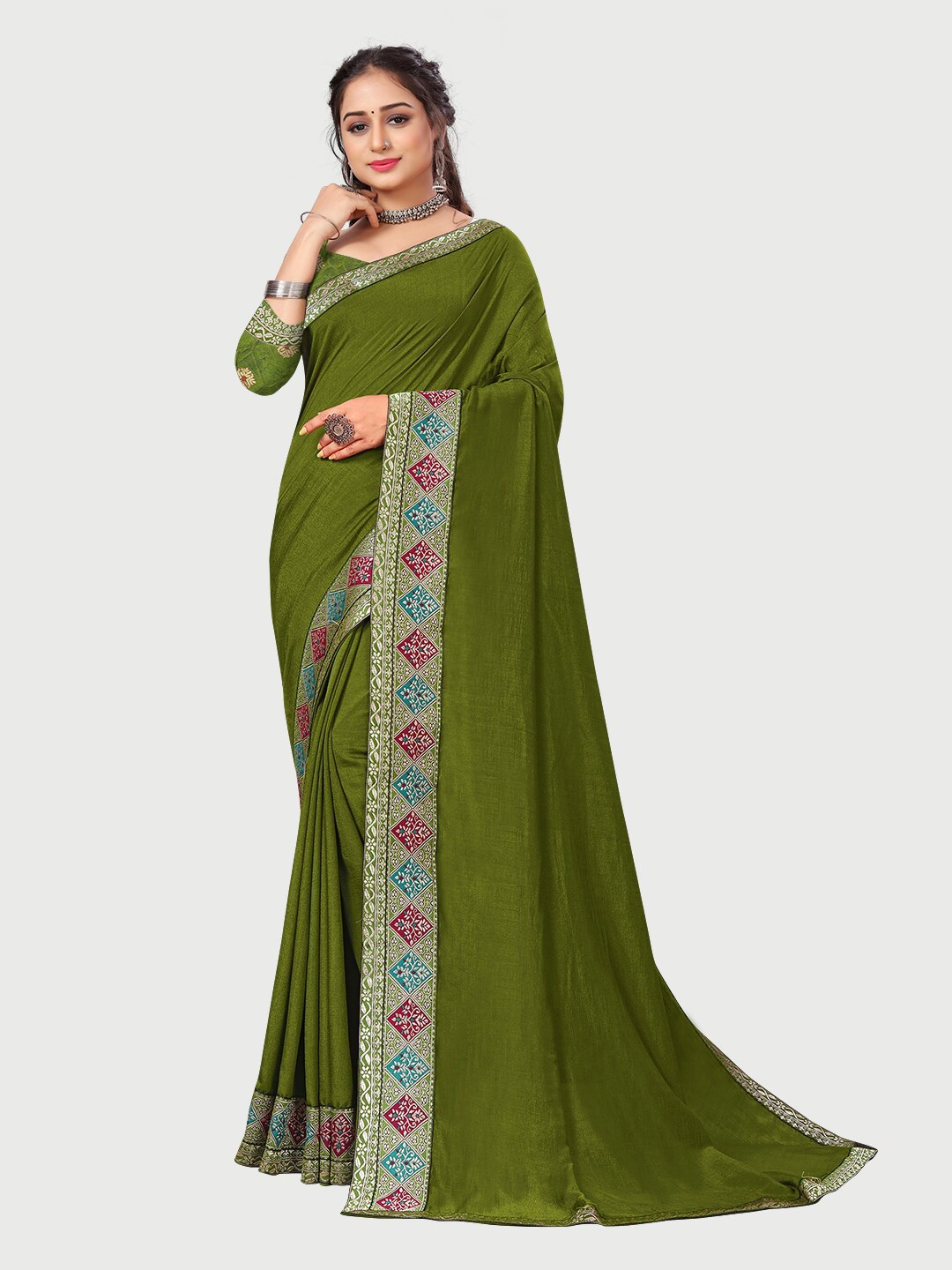 

Mitera Olive Green & Blue Zari Silk Blend Saree