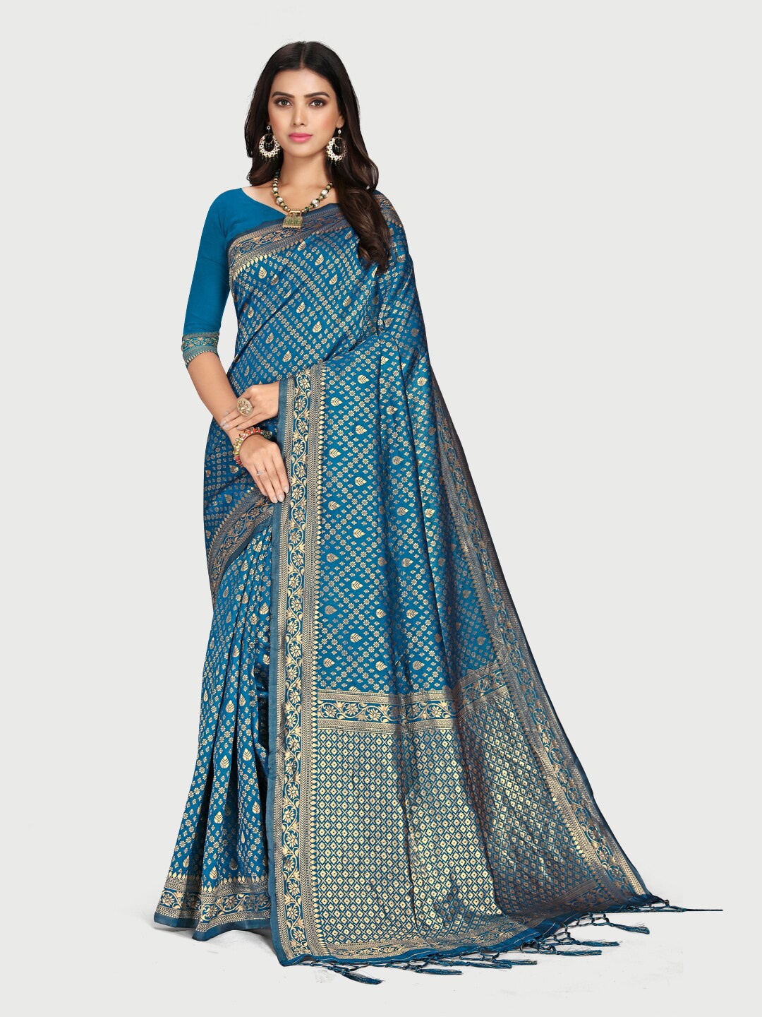 

Mitera Blue & Gold-Toned Woven Design Zari Silk Blend Saree