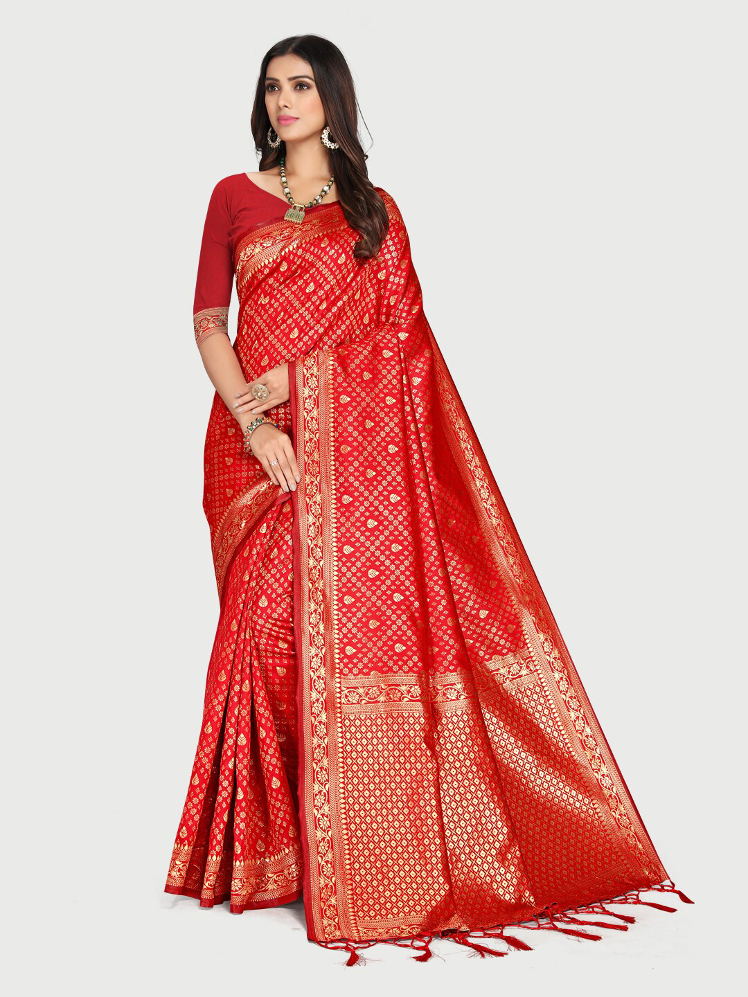 

Mitera Red & Gold-Toned Woven Design Zari Silk Blend Saree
