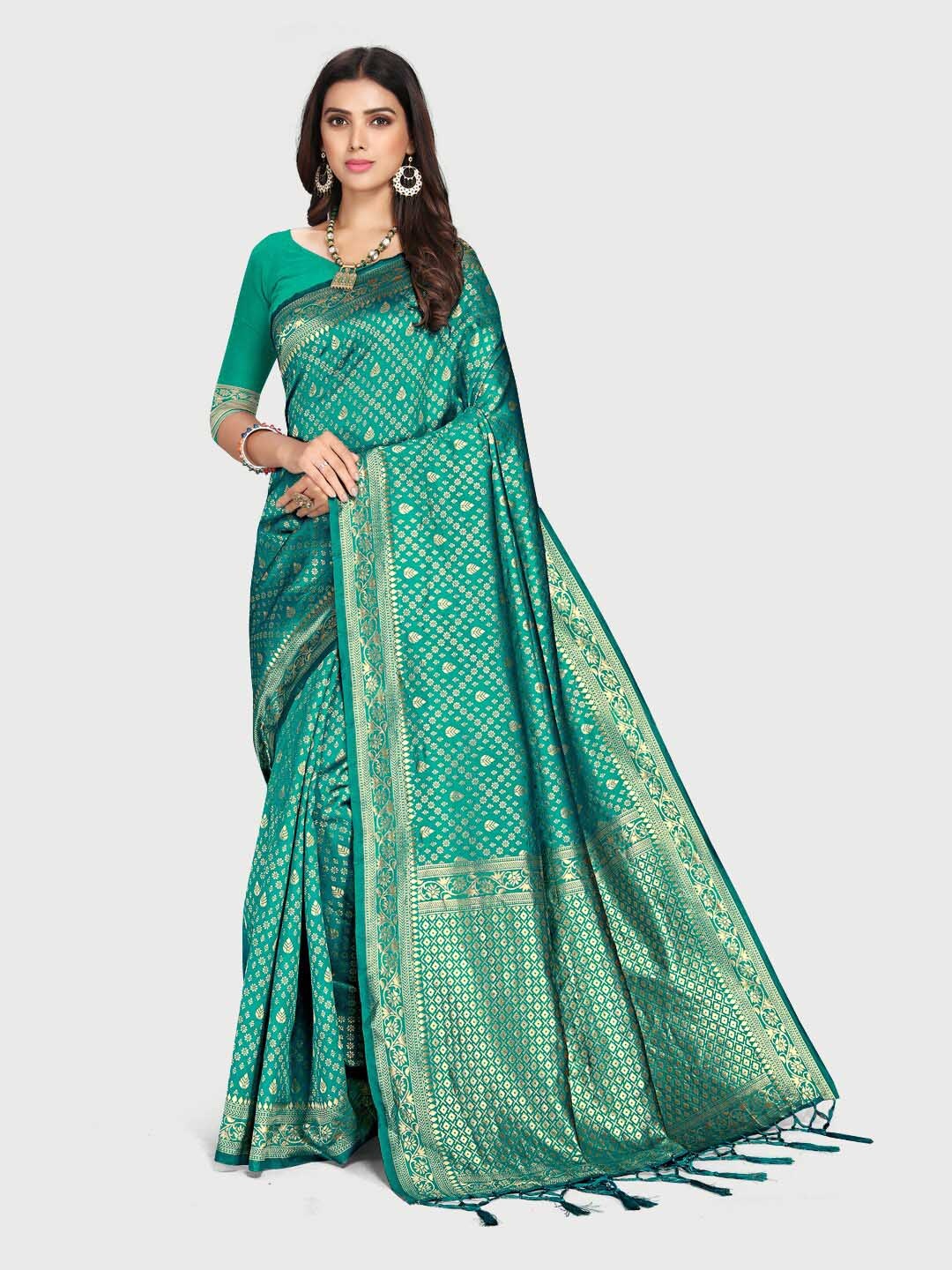 

Mitera Teal & Gold-Toned Woven Design Zari Silk Blend Saree