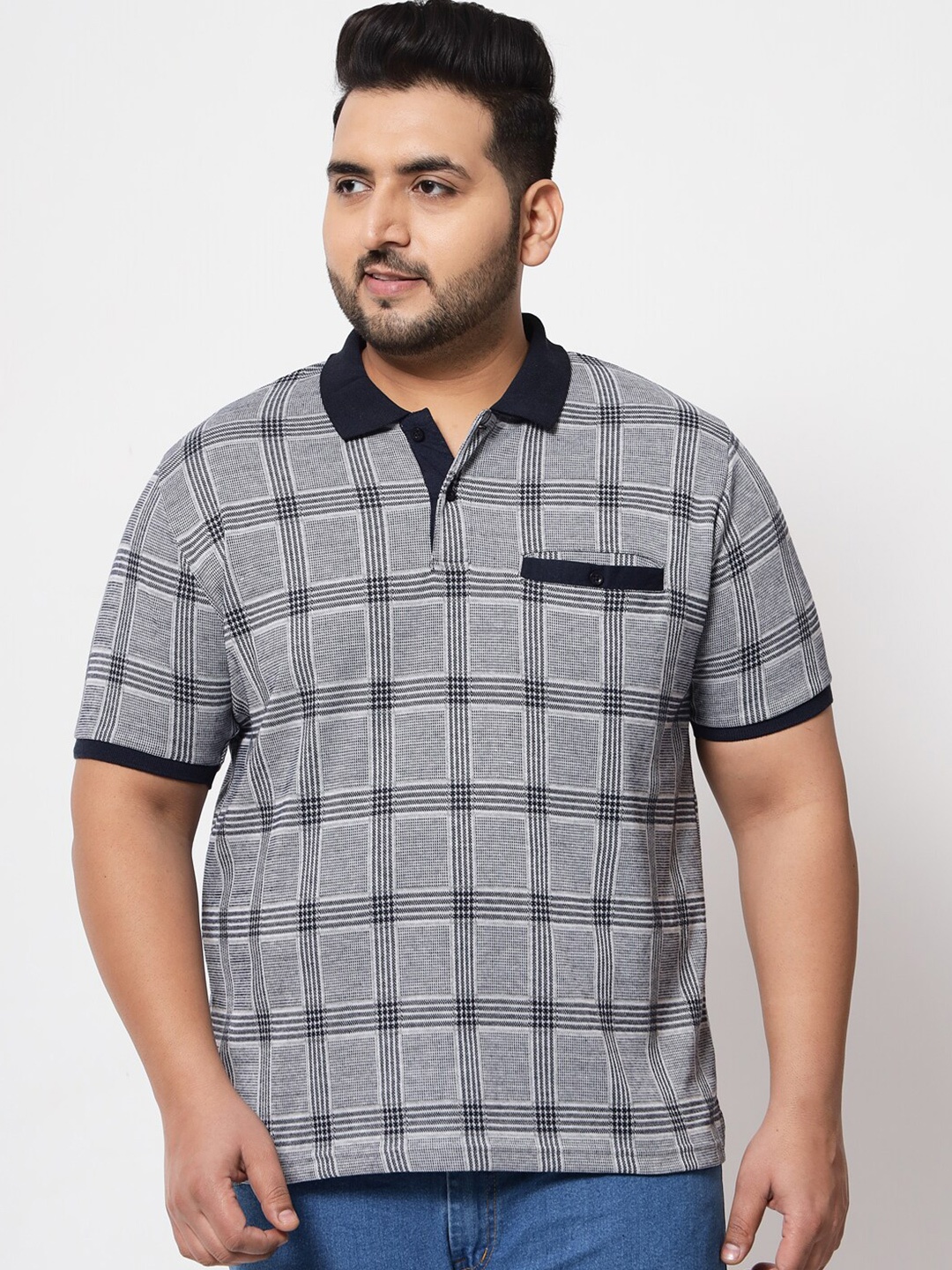 

AUSTIVO Men Plus Size Grey & Blue Checked Polo Collar T-shirt