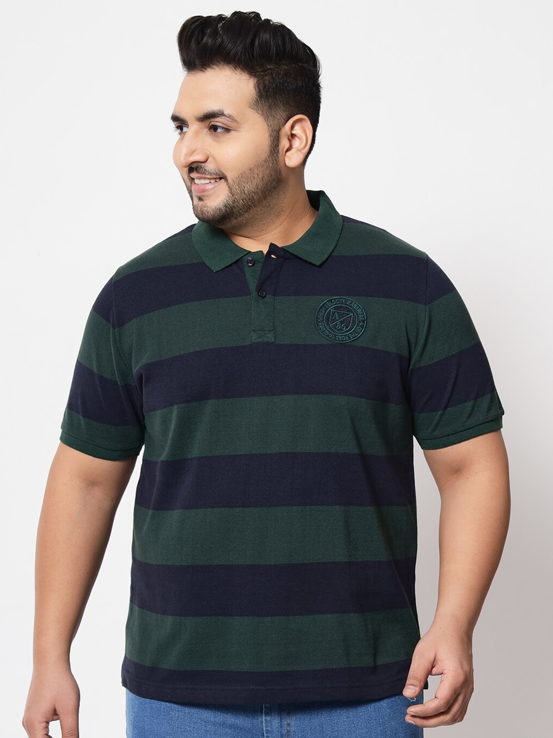 

AUSTIVO Men Plus Size Green & Navy Blue Striped Polo Collar T-shirt