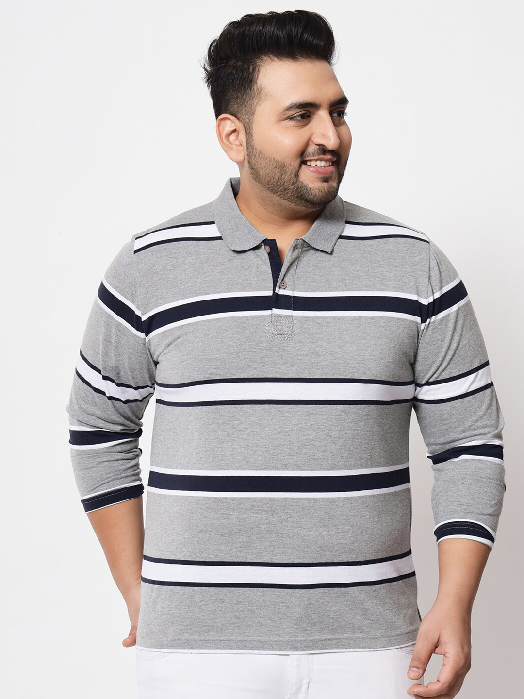 

AUSTIVO Men Grey Striped Polo Collar Cotton T-shirt