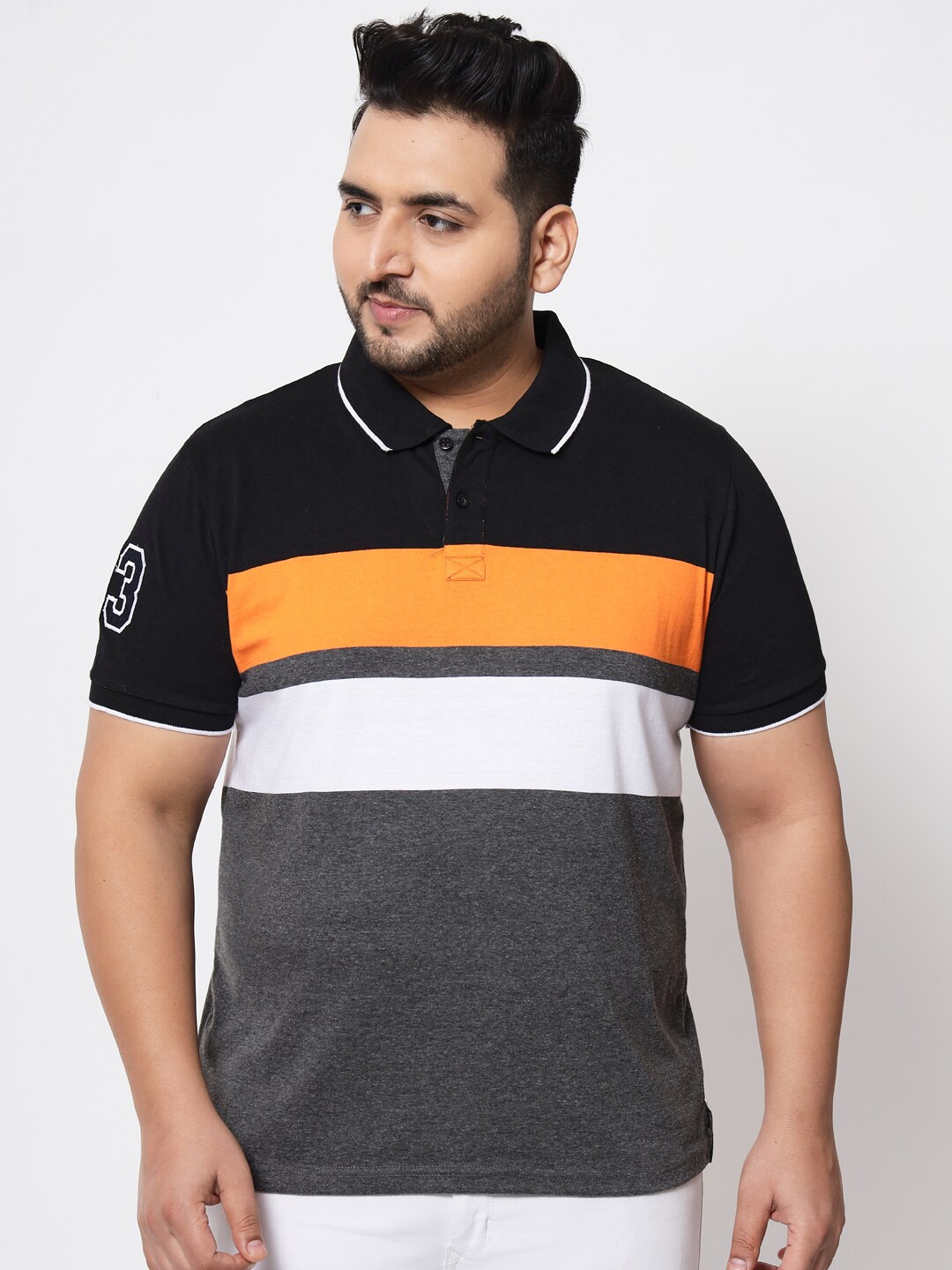 

AUSTIVO Plus Size Men Grey & Black Colourblocked Polo Collar T-shirt