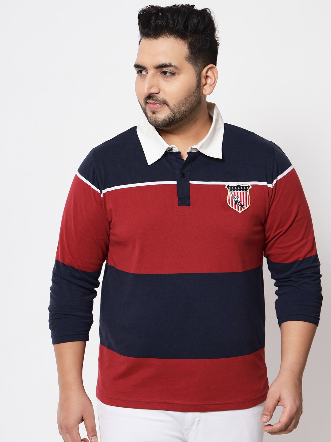 

AUSTIVO Men Plus Size Navy Blue & Red Colourblocked Polo Collar T-shirt