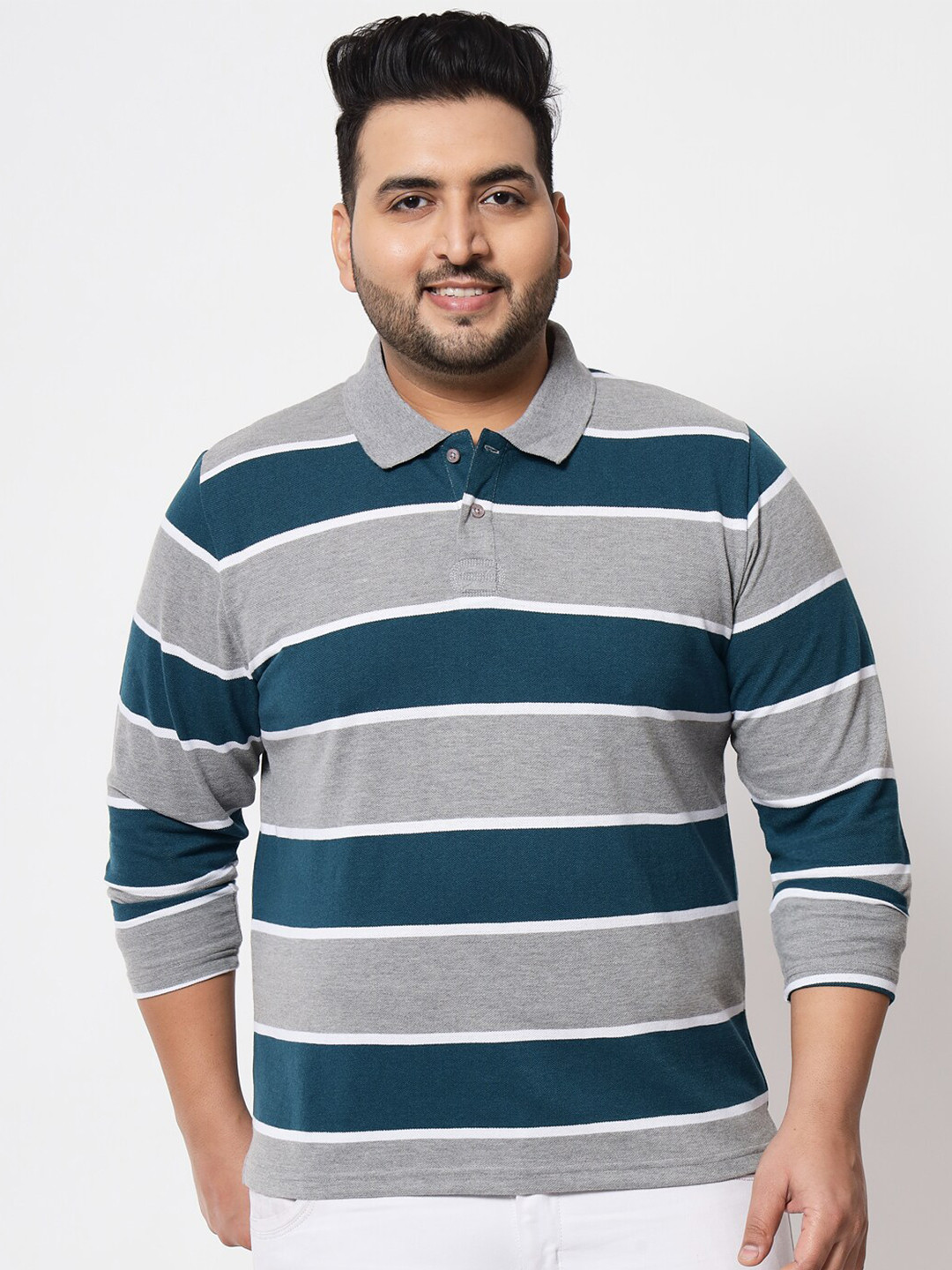 

AUSTIVO Plus Size Men Grey & Teal Striped Polo Collar T-shirt